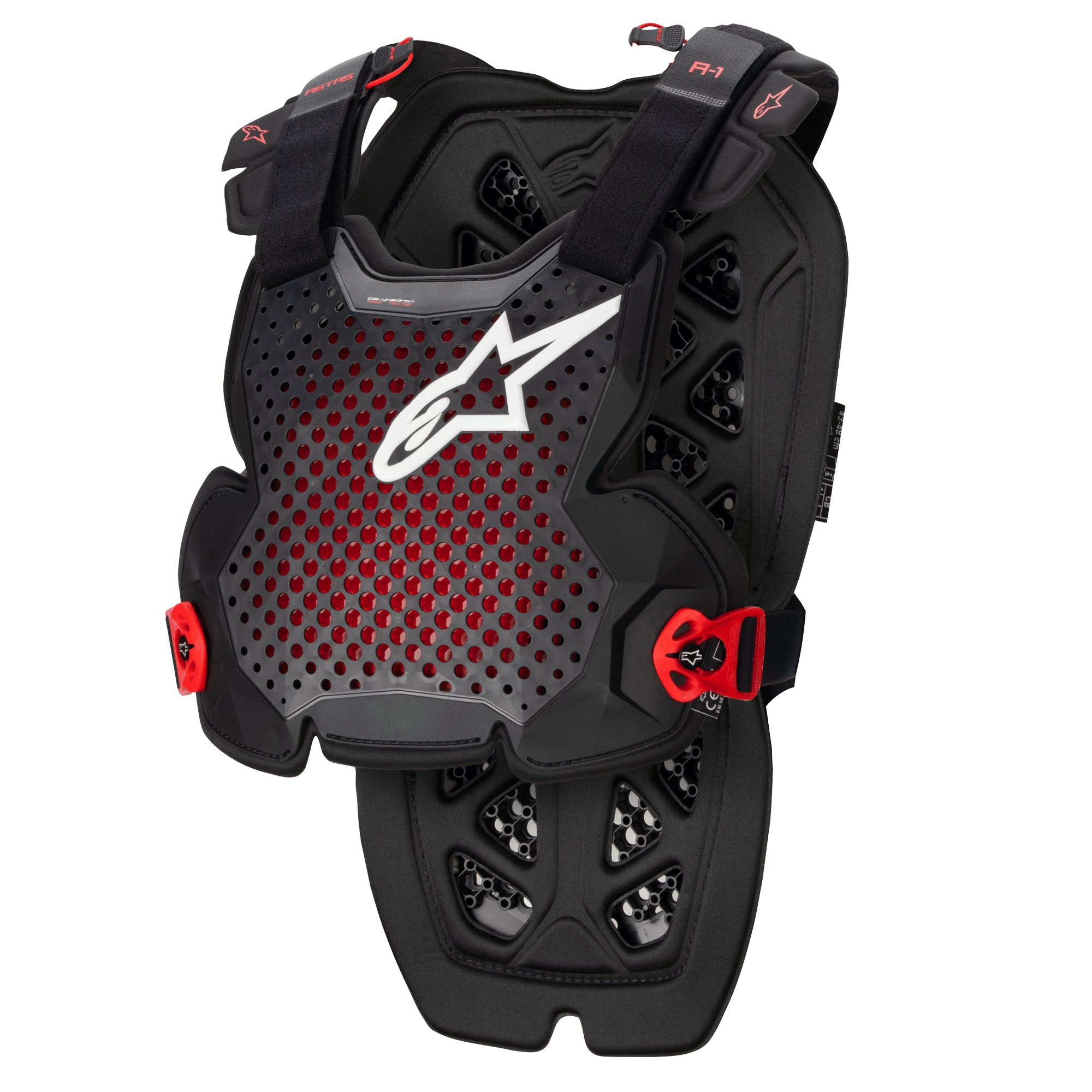 Alpinestars A-1 Pro Chest Protector, nero antracite e rosso, design traforato traspirante con logo bianco, cinghie regolabili con fibbie rosse, motivo di ventilazione esagonale, protezione leggera per motocross e guida off-road