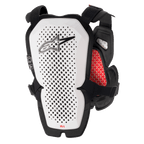 Pettorale Alpinestars A-1 Pro, bianco e nero con dettagli rossi, pannello posteriore traforato per la ventilazione, imbottitura interna a nido d'ape rossa, protezione da motocross leggera