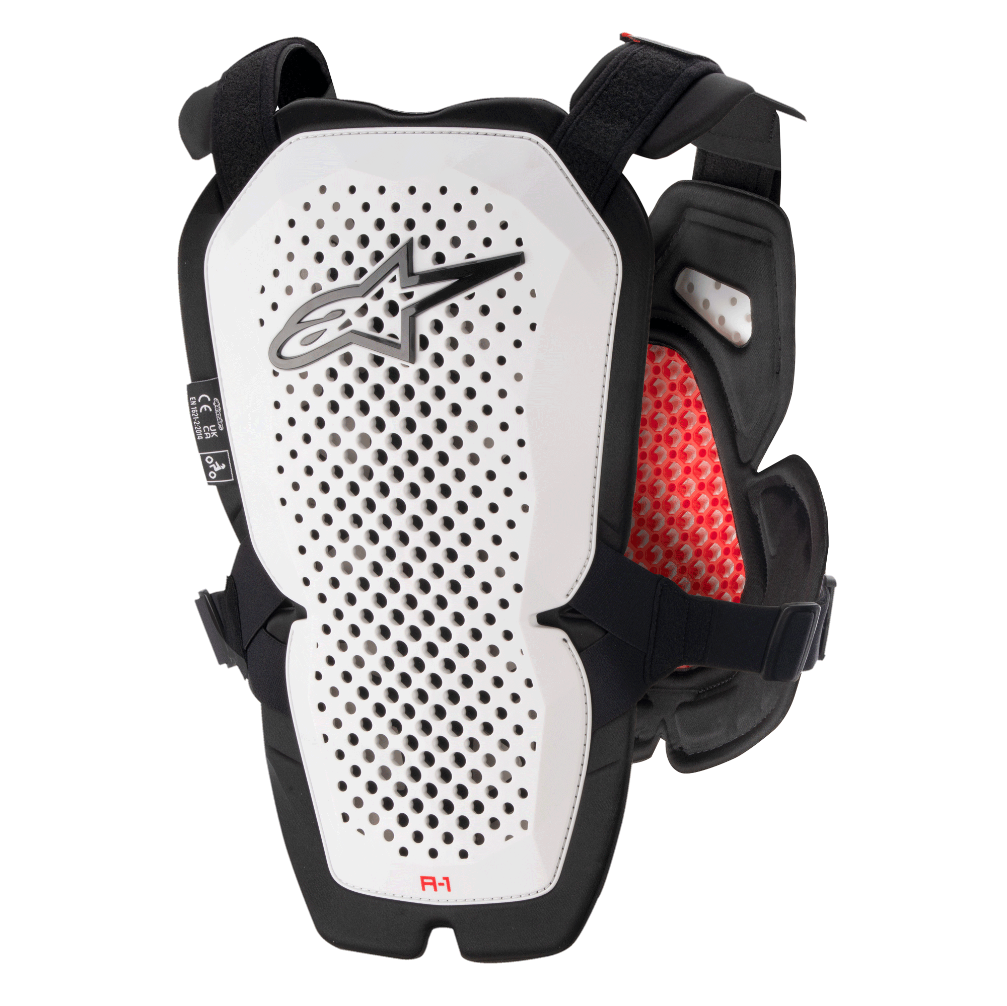 Pettorale Alpinestars A-1 Pro, bianco e nero con dettagli rossi, pannello posteriore traforato per la ventilazione, imbottitura interna a nido d'ape rossa, protezione da motocross leggera