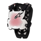 Alpinestars A-1 Pro Chest Protector, protezione per motocross, bianco, nero e rosso, con ventilazione traforata e interno rosso, logo a stella nero, cinghie nere regolabili, imbottitura protettiva leggera per gare fuoristrada