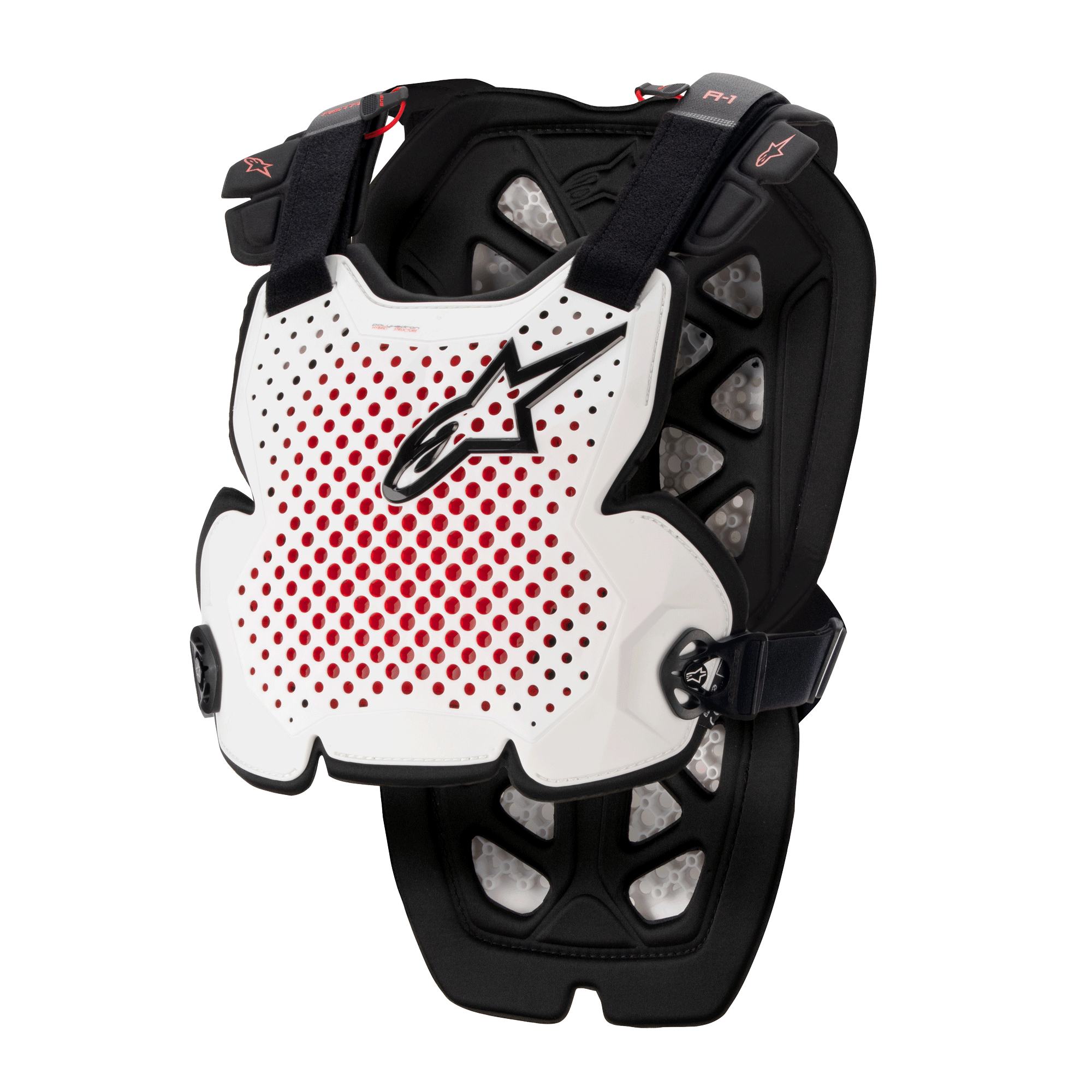 Alpinestars A-1 Pro Chest Protector, protezione per motocross, bianco, nero e rosso, con ventilazione traforata e interno rosso, logo a stella nero, cinghie nere regolabili, imbottitura protettiva leggera per gare fuoristrada