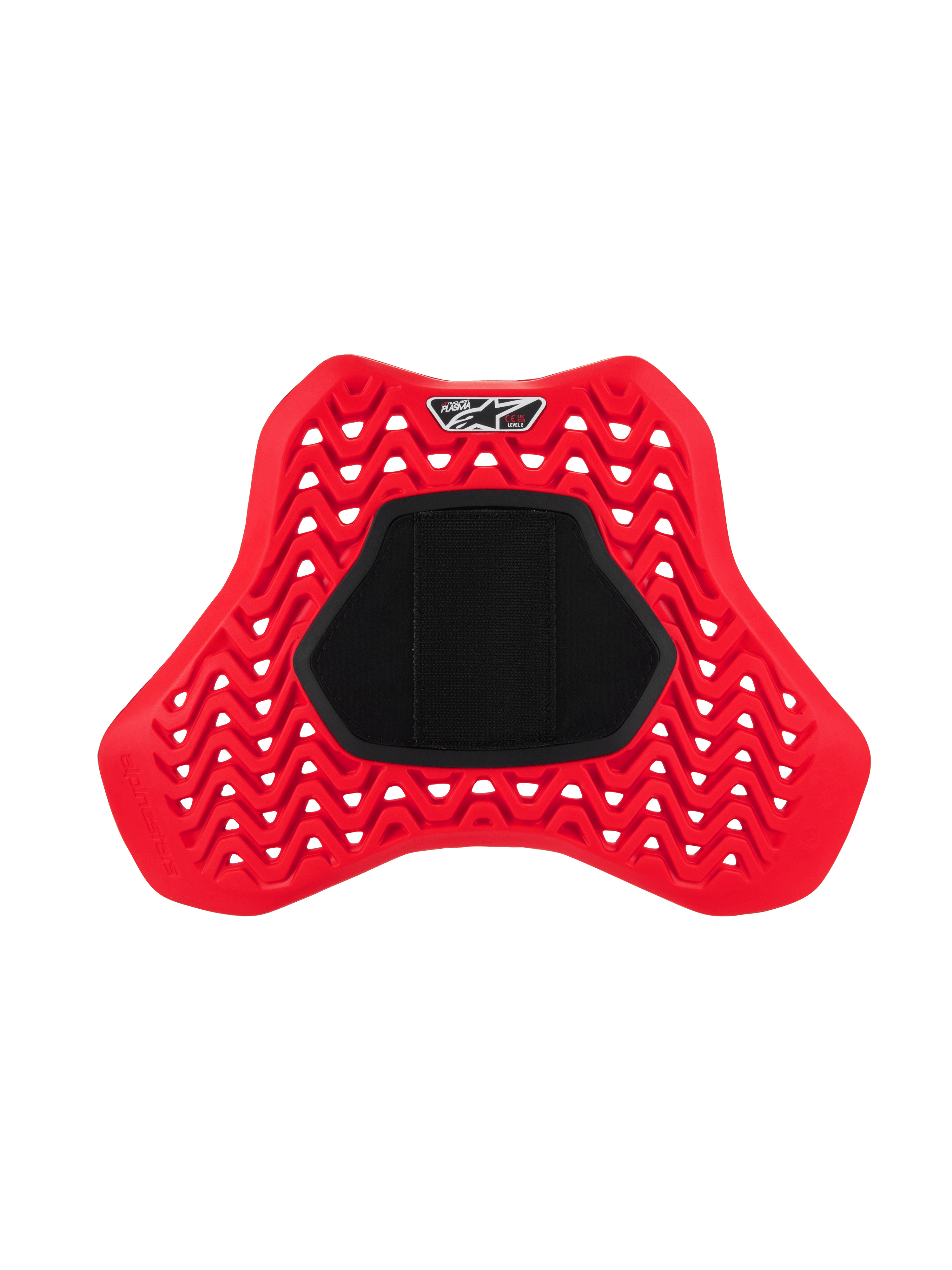 Alpinestars Nucleon Plasma Full Chest Protector Hook and Loop, rosso e nero, design a zigzag traforato per il flusso d'aria, ampio pannello centrale nero a strappo, inserto ergonomico a forma di scudo per protezione dagli impatti da moto