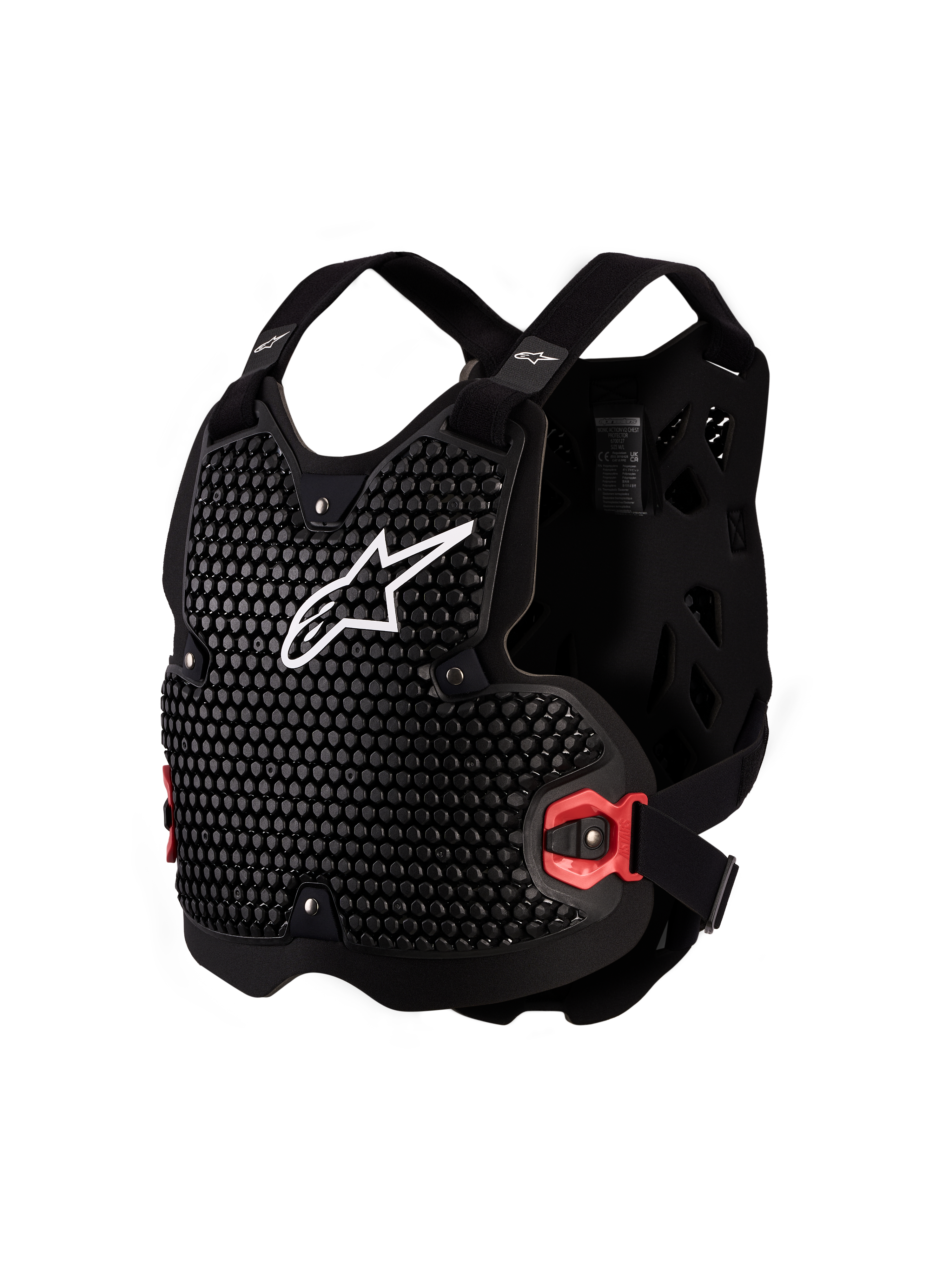 Alpinestars Protezione Torace Bionic Action V2, armatura motocross da uomo, nero e bianco, tecnologia A-Morph, ventilata e certificata CE Livello 1.