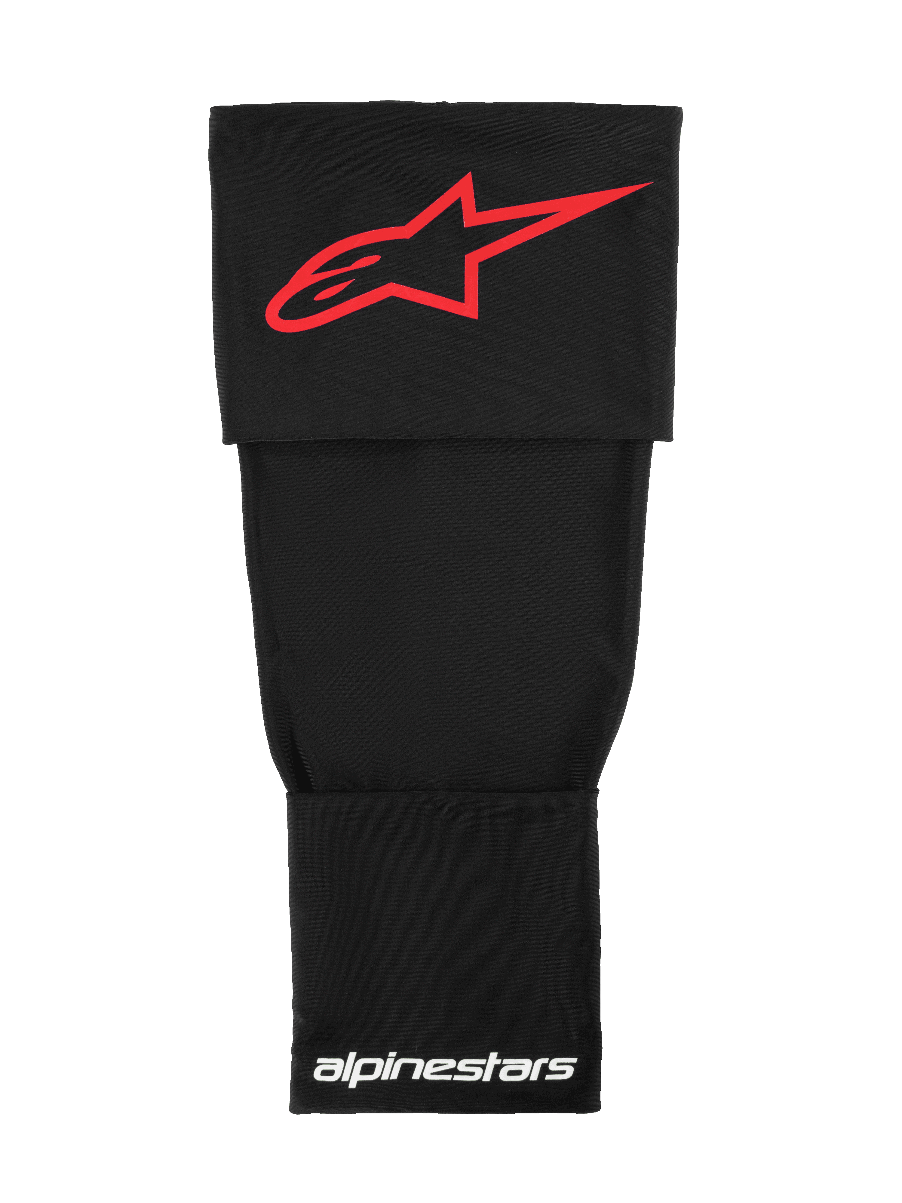 Alpinestars Rk-S Knee Brace Sleeve, base layer tecnico da motocross, nero con logo Alpinestars rosso e scritte bianche, tessuto elasticizzato a doppio strato per supporto sotto il tutore