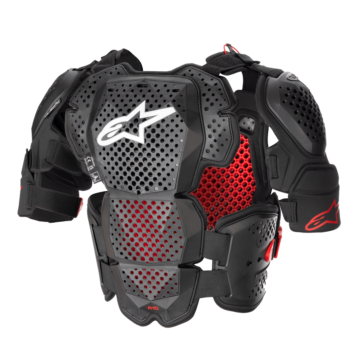 Alpinestars A-10 V2 Full Chest Protector, protezione completa per il corpo da motocross, nero antracite e rosso, con placche traforate su petto e spalle, fodera rossa a nido d'ape, logo Alpinestars bianco sul petto, equipaggiamento protettivo ultra leggero