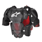Alpinestars A-10 V2 Full Chest Protector, protezione completa per il corpo da motocross, nero antracite e rosso, con placche traforate su petto e spalle, fodera rossa a nido d'ape, logo Alpinestars bianco sul petto, equipaggiamento protettivo ultra leggero