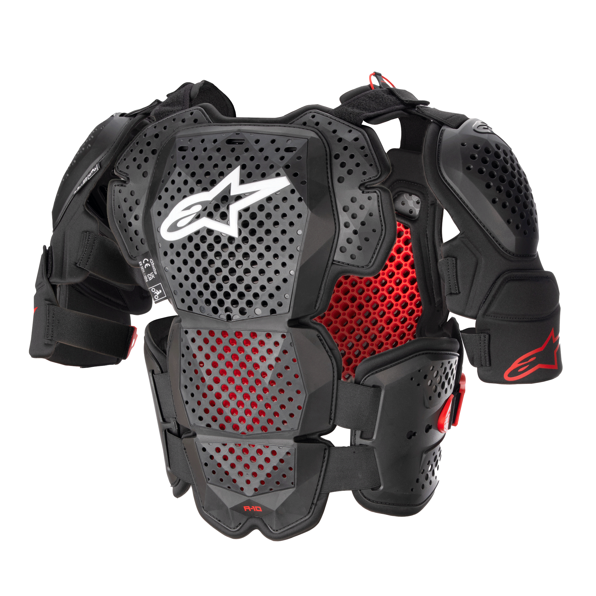 Alpinestars A-10 V2 Full Chest Protector, protezione completa per il corpo da motocross, nero antracite e rosso, con placche traforate su petto e spalle, fodera rossa a nido d'ape, logo Alpinestars bianco sul petto, equipaggiamento protettivo ultra leggero