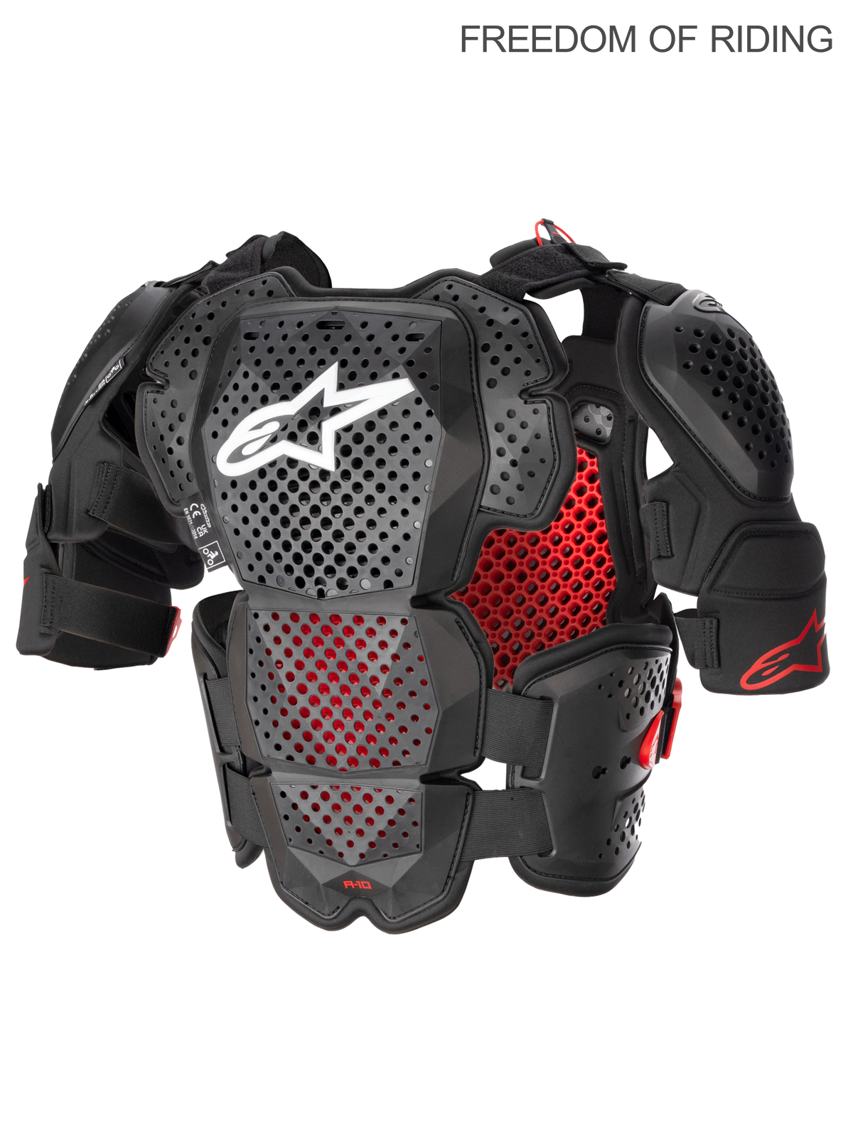 Alpinestars Protezione Torace Intera A-10 V2, pettorina da motocross e off-road da uomo, nero antracite e rosso, con tecnologia Polyhedron per alta ventilazione, protezioni per le spalle e guscio leggero, certificata CE Livello 2