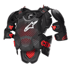 Alpinestars A-10 V2 Full Chest Protector, pettorale protettivo da motocross, nero antracite e rosso, con piastra toracica perforata e logo Alpinestars bianco, spalline regolabili e fibbie rosse resistenti agli urti, equipaggiamento protettivo per corse fuoristrada