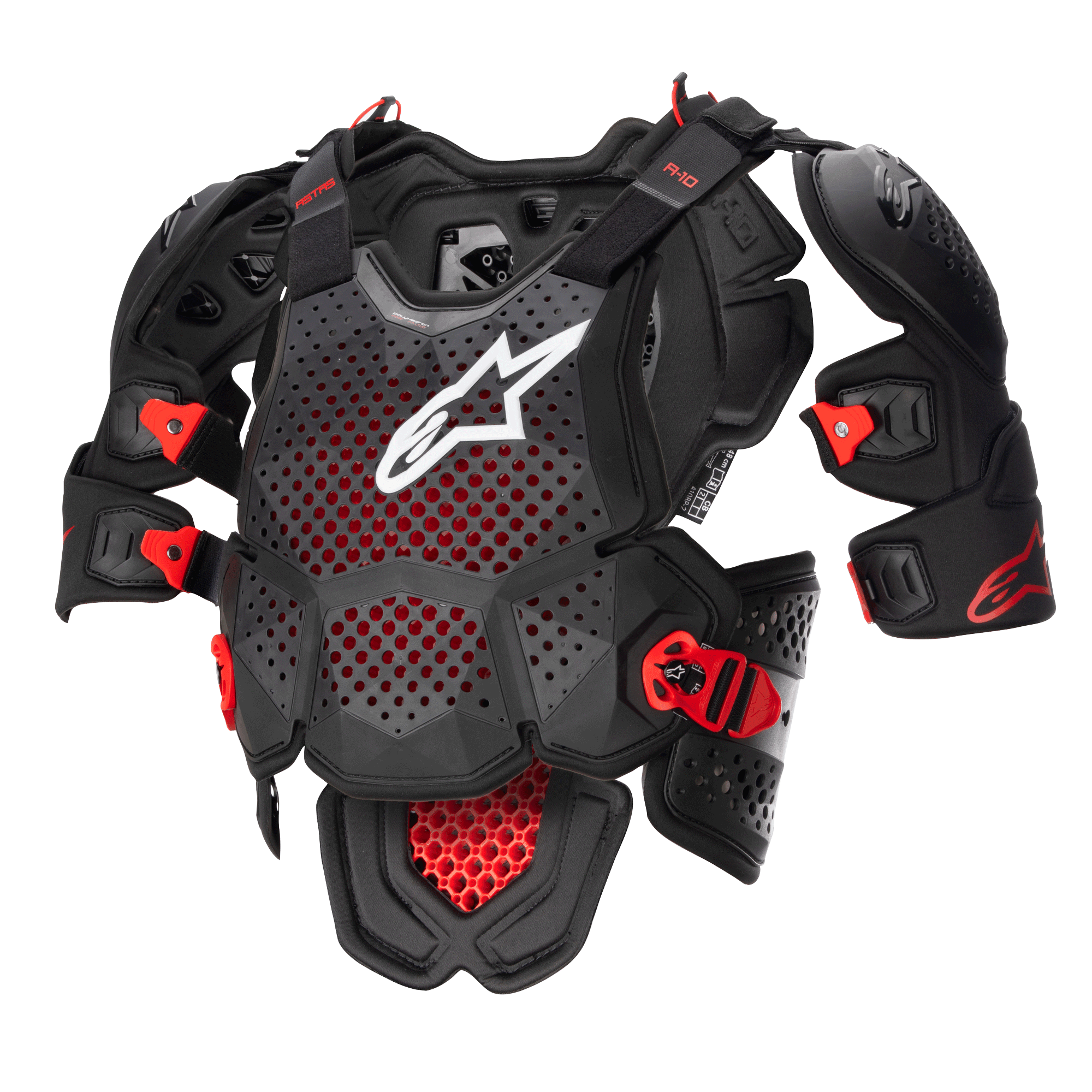 Alpinestars A-10 V2 Full Chest Protector, pettorale protettivo da motocross, nero antracite e rosso, con piastra toracica perforata e logo Alpinestars bianco, spalline regolabili e fibbie rosse resistenti agli urti, equipaggiamento protettivo per corse fuoristrada