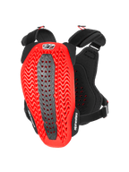 Alpinestars A-5 Plasma Chest Protector, protezione torace e schiena per moto, nero e rosso, vista posteriore che mostra il guscio Nucleon PLASMA rosso perforato a onde con una zona centrale grigia, cinghie regolabili nere con loghi bianchi, equipaggiamento protettivo per motocross e guida fuoristrada