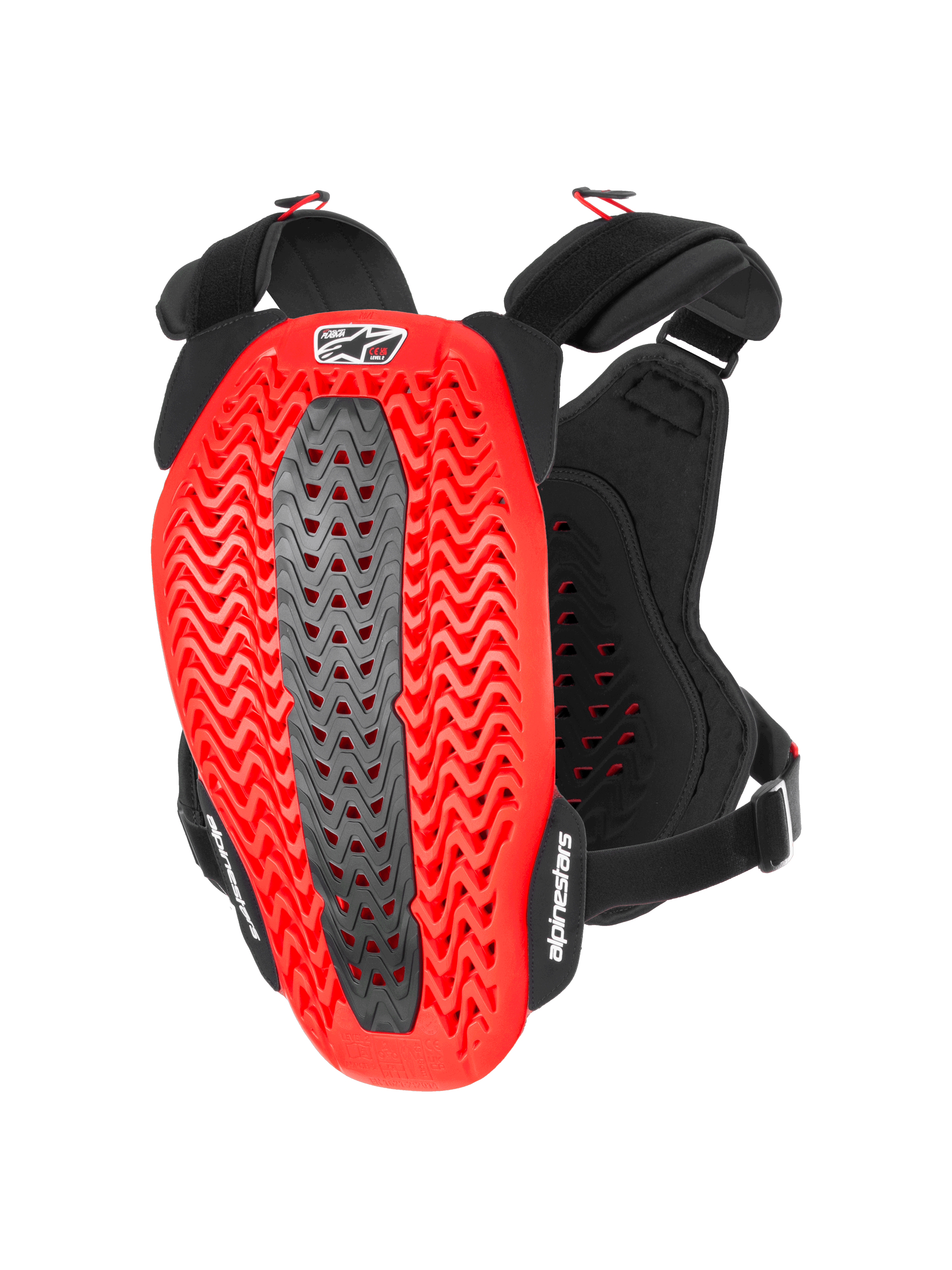Alpinestars A-5 Plasma Chest Protector, protezione torace e schiena per moto, nero e rosso, vista posteriore che mostra il guscio Nucleon PLASMA rosso perforato a onde con una zona centrale grigia, cinghie regolabili nere con loghi bianchi, equipaggiamento protettivo per motocross e guida fuoristrada