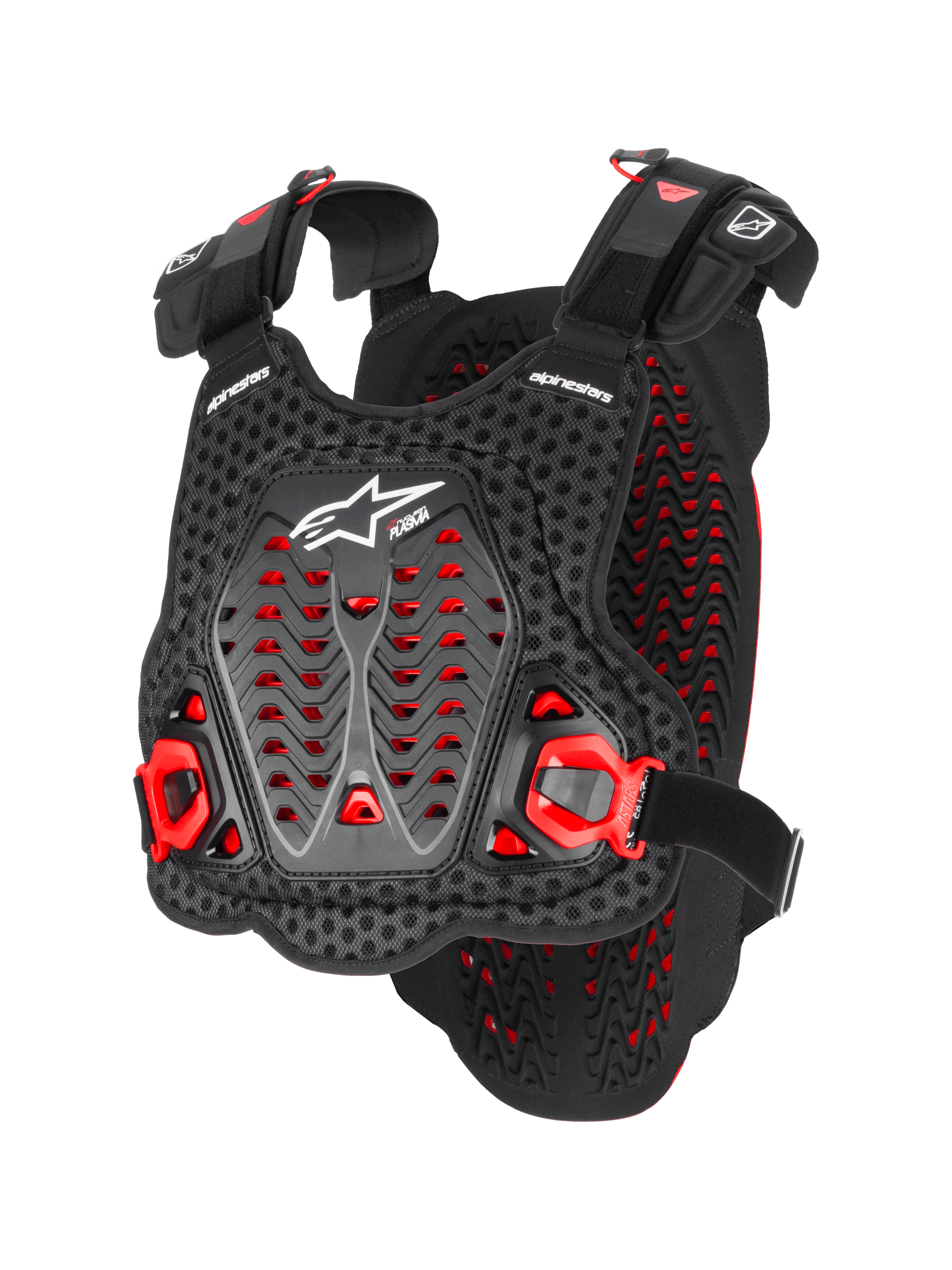 Alpinestars A-5 Plasma Chest Protector, protezione torace da motocross, nero e rosso, mesh 3D perforata con materiale Nucleon Plasma, pannelli protettivi angolari, cinghie regolabili, logo bianco, dispositivo di sicurezza certificato CE