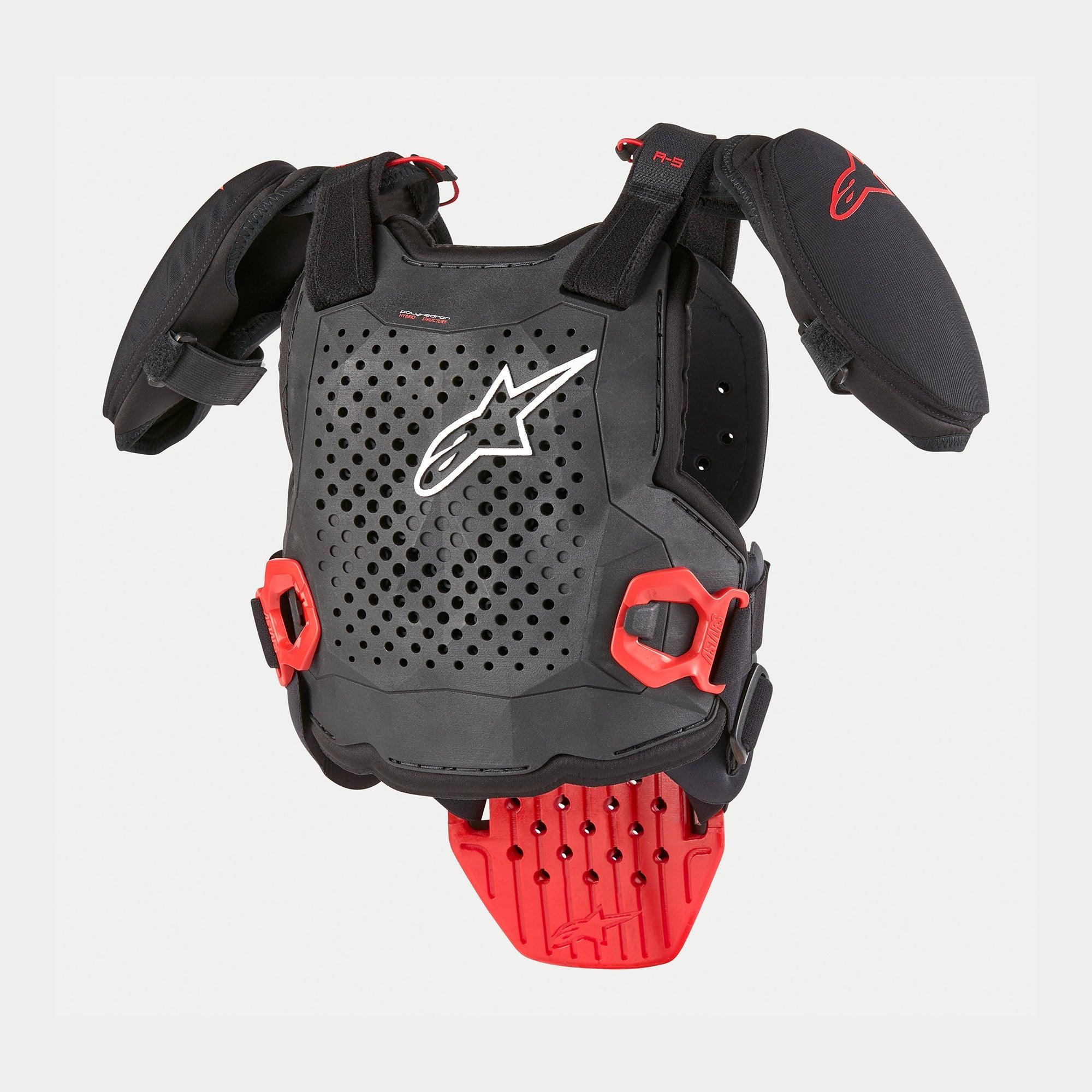 Alpinestars Protezione Torace Youth A-5 S, armatura da motocross, nero, bianco e rosso, con piastra anteriore ibrida traforata e logo a stella bianco, fibbie rosse a sgancio rapido e spalline imbottite per gare fuoristrada per ragazzi