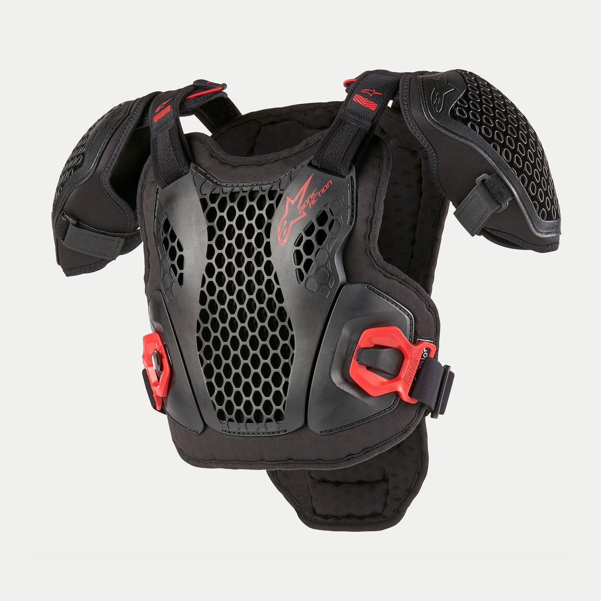 Alpinestars Youth Bionic Action Chest Protector, protezione torace da motocross, nero e rosso, con piastre a griglia traforate Cell Technology, spalline regolabili, fibbie rosse a sgancio rapido e telaio imbottito per la guida off-road dei ragazzi