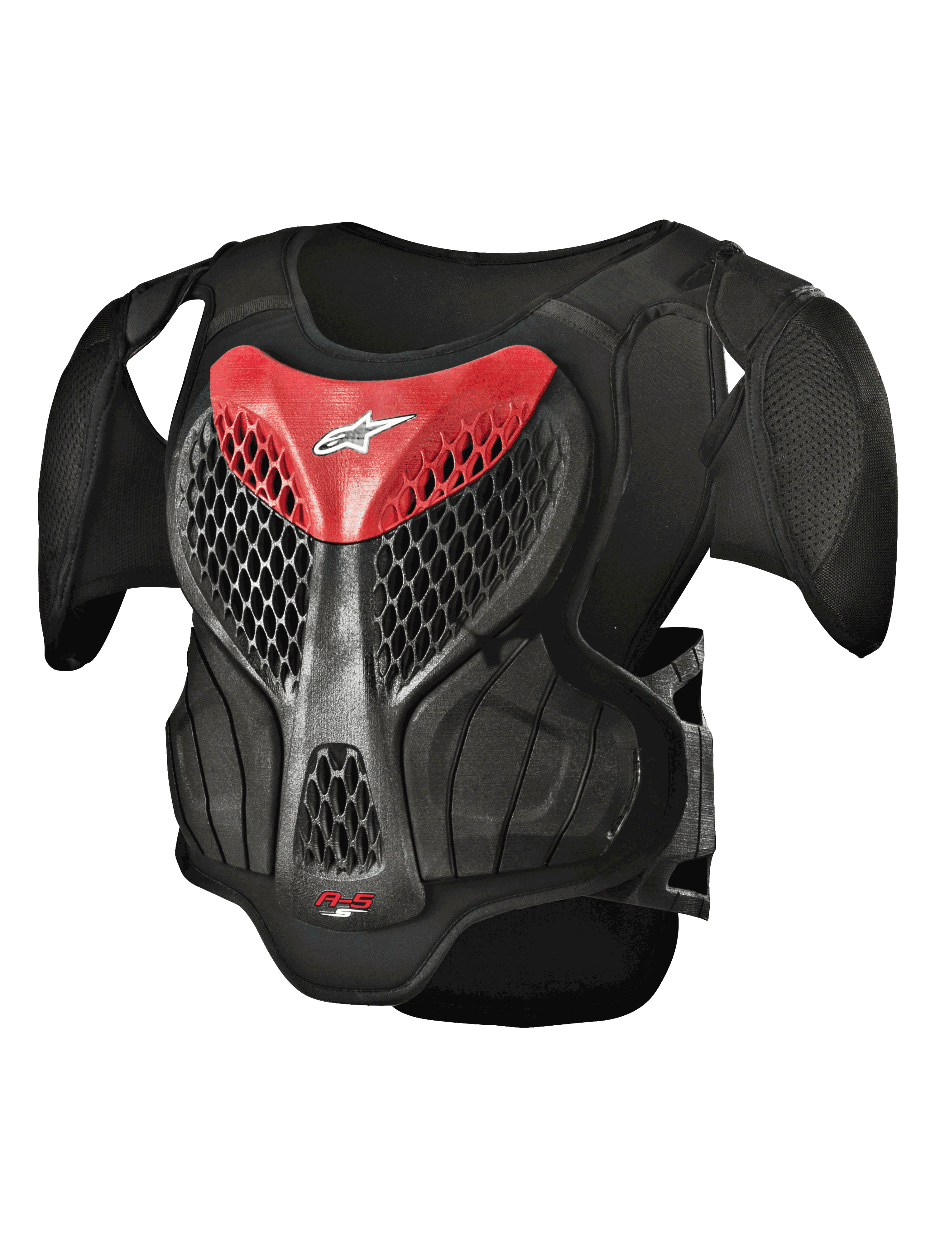 Alpinestars Youth A-5 S Body Armour, protezione toracica da motocross, nero e rosso, design a rete esagonale, spalle imbottite, protezione leggera per giovani piloti