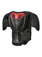Alpinestars Youth A-5 S Body Armour, vista posteriore, nero e rosso, con piastra posteriore a griglia protettiva, struttura a nido d'ape ventilata e protezioni spalle integrate per protezione motocross fuoristrada