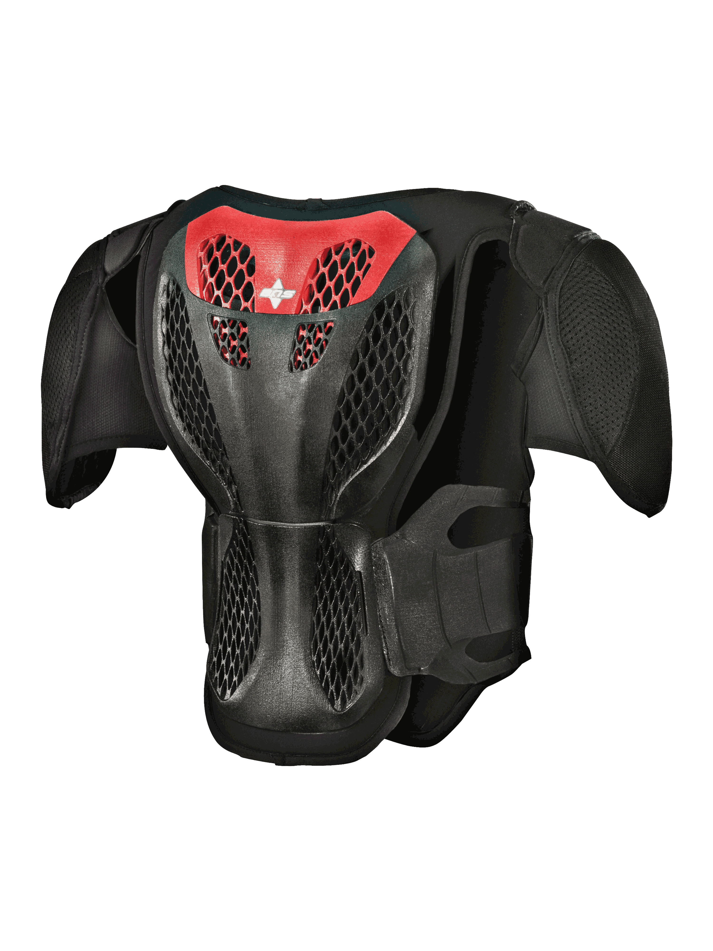 Alpinestars Youth A-5 S Body Armour, vista posteriore, nero e rosso, con piastra posteriore a griglia protettiva, struttura a nido d'ape ventilata e protezioni spalle integrate per protezione motocross fuoristrada