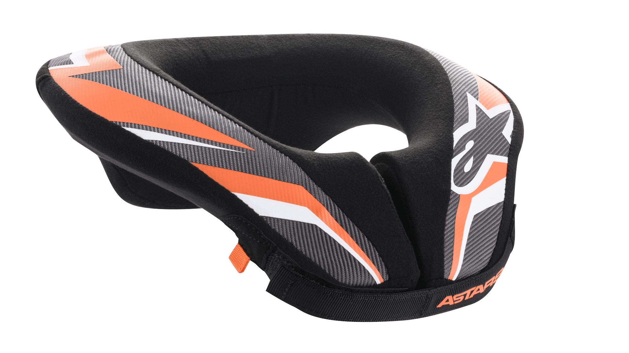 Alpinestars Youth Sequence Neck Roll, collare protettivo da motocross e MTB, nero antracite e arancione, design imbottito a forma di U con coda estesa per la stabilità, equipaggiamento protettivo per giovani piloti, con logo Alpinestars bianco