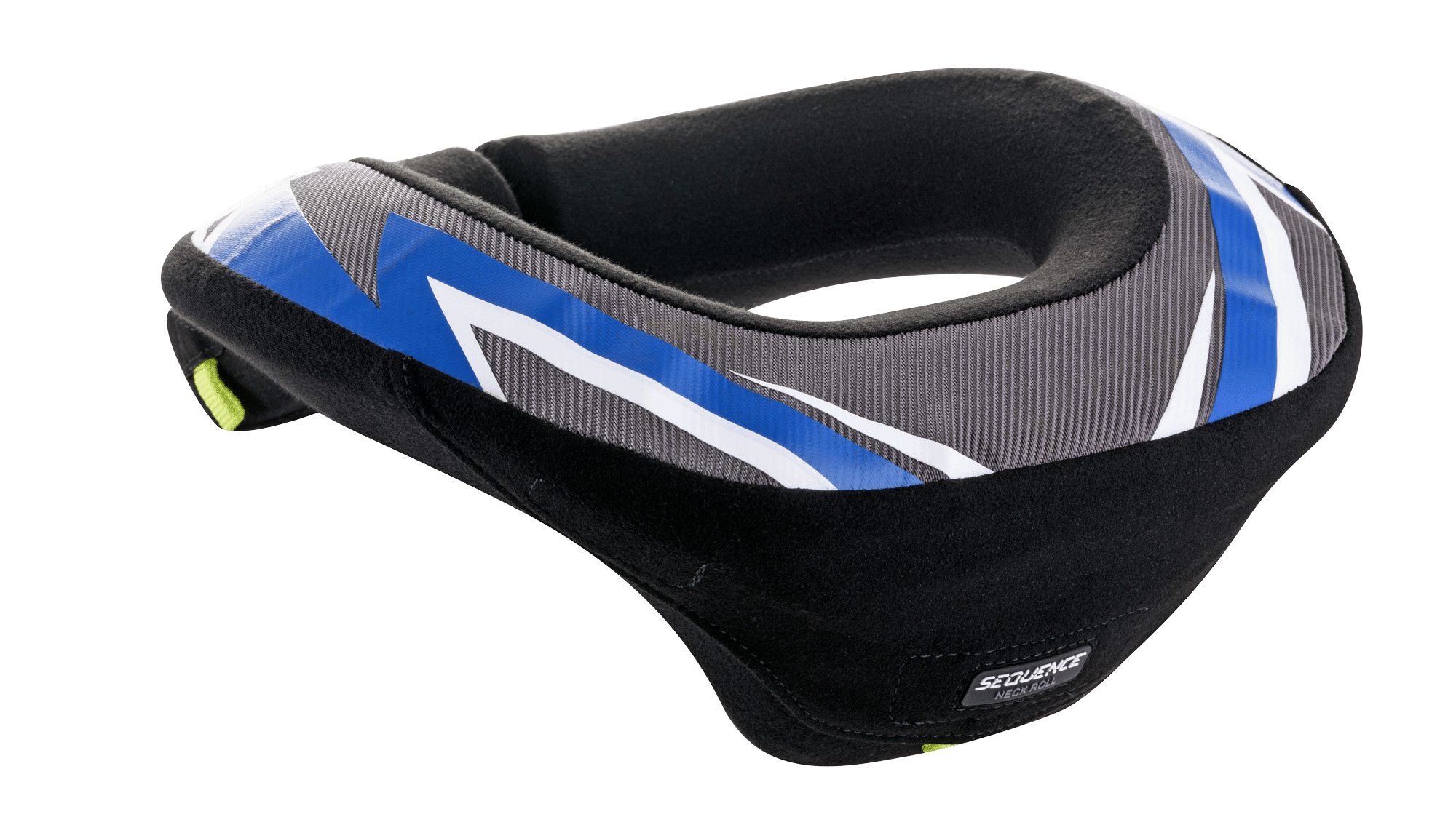Alpinestars Youth Sequence Neck Roll, protezione per il collo, nero antracite e blu, design ergonomico con coda estesa per la stabilità, pannelli grigi testurizzati con accenti grafici blu e bianchi, morbida fodera interna nera, progettato per la sicurezza dei giovani nel motocross e nel karting