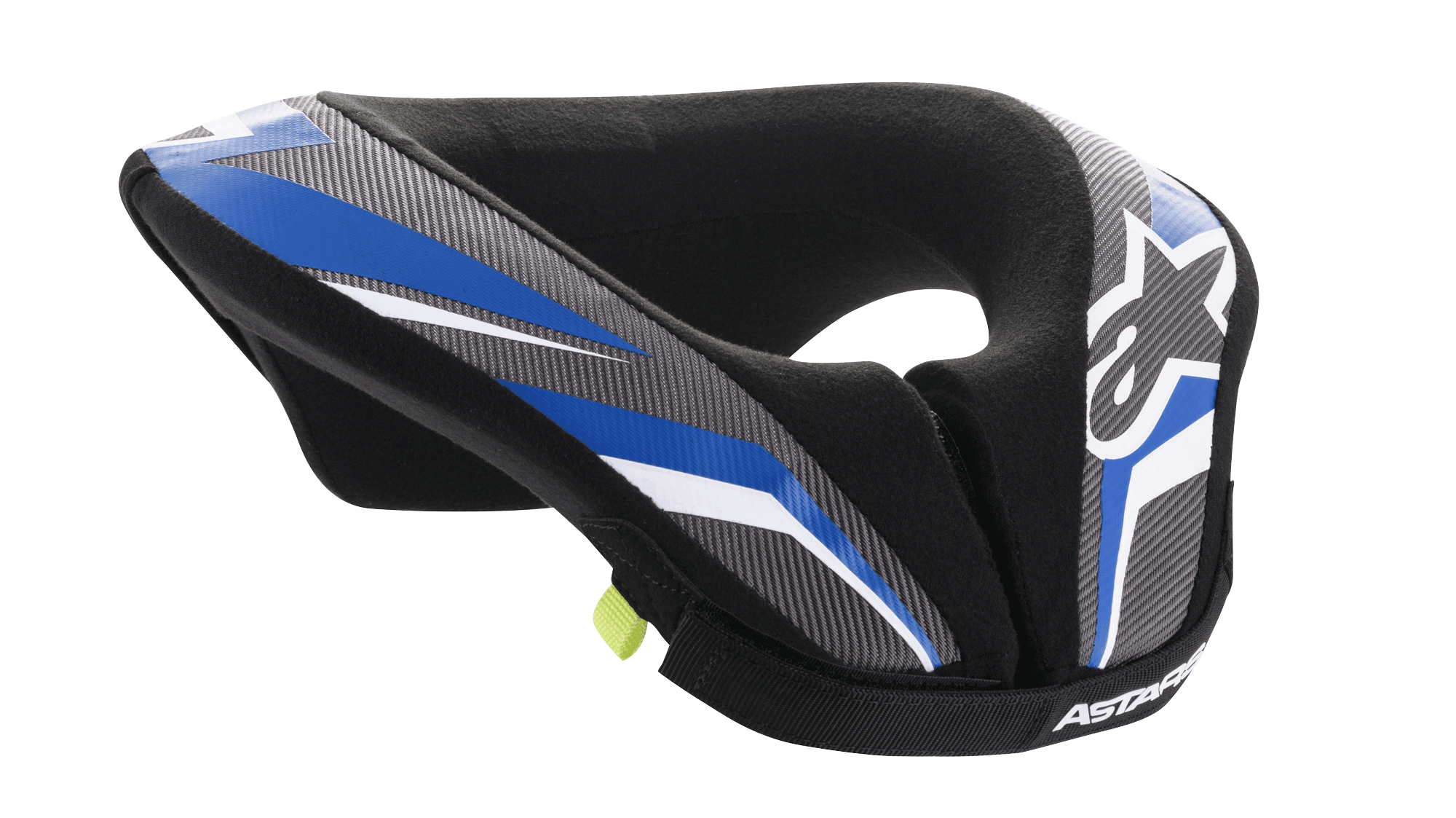 Alpinestars Youth Sequence Neck Roll, collare protettivo da motocross per ragazzi, nero, antracite e blu, con design ergonomico imbottito, pannelli a motivi blu e grigi, dettagli bianchi e marchio Alpinestars, morbida fodera interna per il massimo comfort