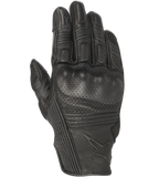 Guanti Alpinestars Mustang V2, guanti da moto in pelle nera, design traforato con protezione per le nocche integrata, inserti elastici a soffietto sulle dita, logo a stella in rilievo, stile urbano a polsino corto