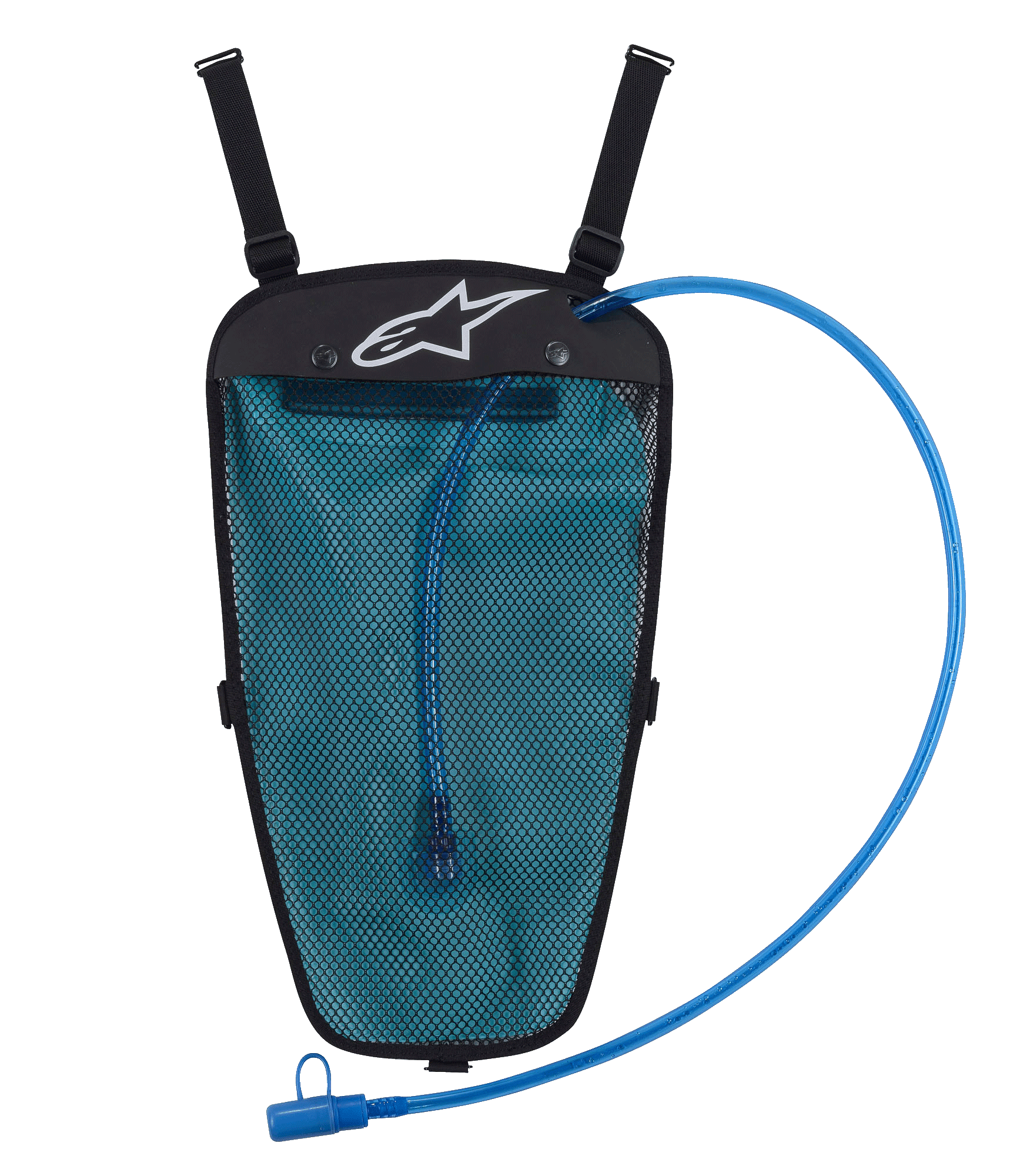 Alpinestars Hydration Pack, zaino idrico nero e blu, sacca idrica da 1,5 litri in custodia a rete, tubo blu con boccaglio, logo Astar bianco, cinghie regolabili per l'integrazione con la giacca, progettato per la guida off-road e adventure