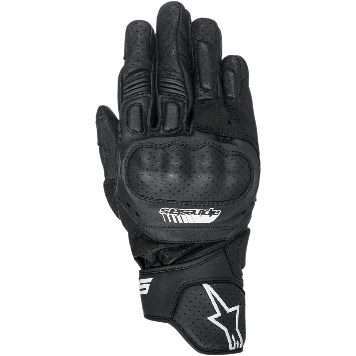 Guanti Alpinestars SP-5, guanti da moto racing, neri, pelle traforata con protezione delle nocche integrata in polimero, dita imbottite, logo Alpinestars bianco sul polsino, design sportivo a polsino corto