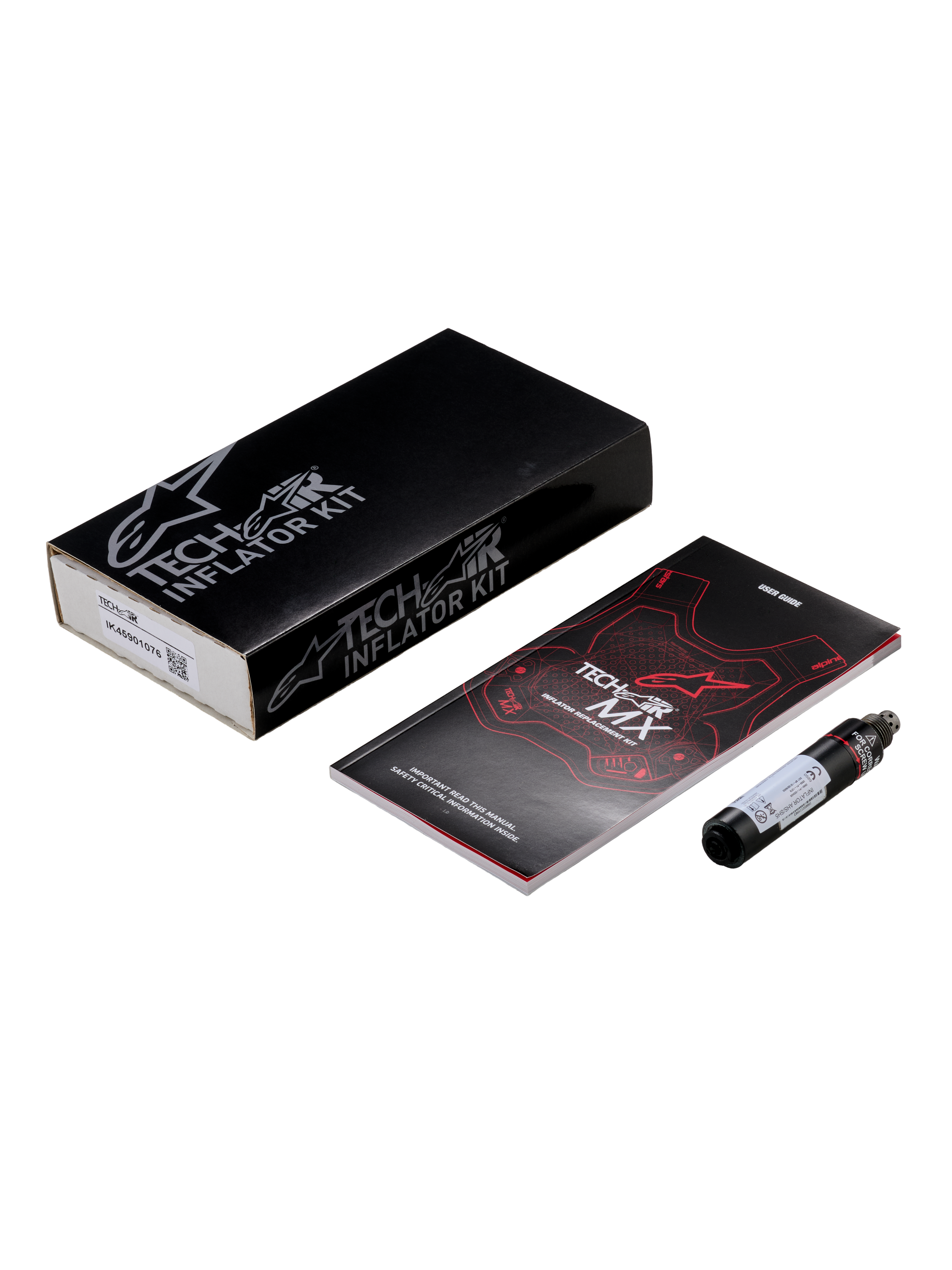 Kit di ricambio bombola Alpinestars Tech-Air® MX Airbag System, con cartuccia di gonfiaggio cilindrica nera ad argon, manuale d'uso con grafiche rosse e bianche e confezione nera con loghi bianchi, attrezzatura essenziale per la manutenzione della sicurezza dell'airbag da moto