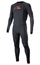Alpinestars Tech-Air® 10 Race System Long Base Layer, sottotuta integrale da moto in nero e rosso brillante, con pannelli in rete traforata traspirante, cerniere laterali per l'integrazione dell'airbag, asole per i pollici e loghi Alpinestars rossi sul petto e sul braccio.