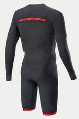 Alpinestars Tech-Air System Base Layer, Black and Bright Red, rear view of compression undersuit featuring a large mesh back panel, red branded elastic accents, and lateral zips, designed for use with the Tech-Air 10 Race System