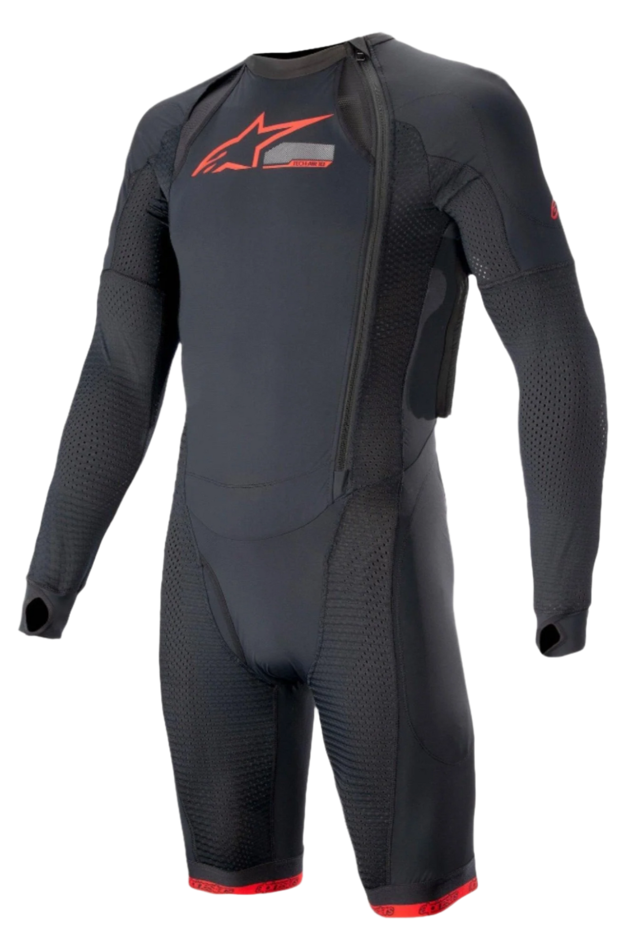 Alpinestars Tech-Air System Base Layer, Black and Bright Red, performance motorcycle undersuit featuring long sleeves with thumb loops, mesh ventilation inserts, red Alpinestars logo on chest, and an off-center zipper for Tech-Air 10 airbag system integration.
