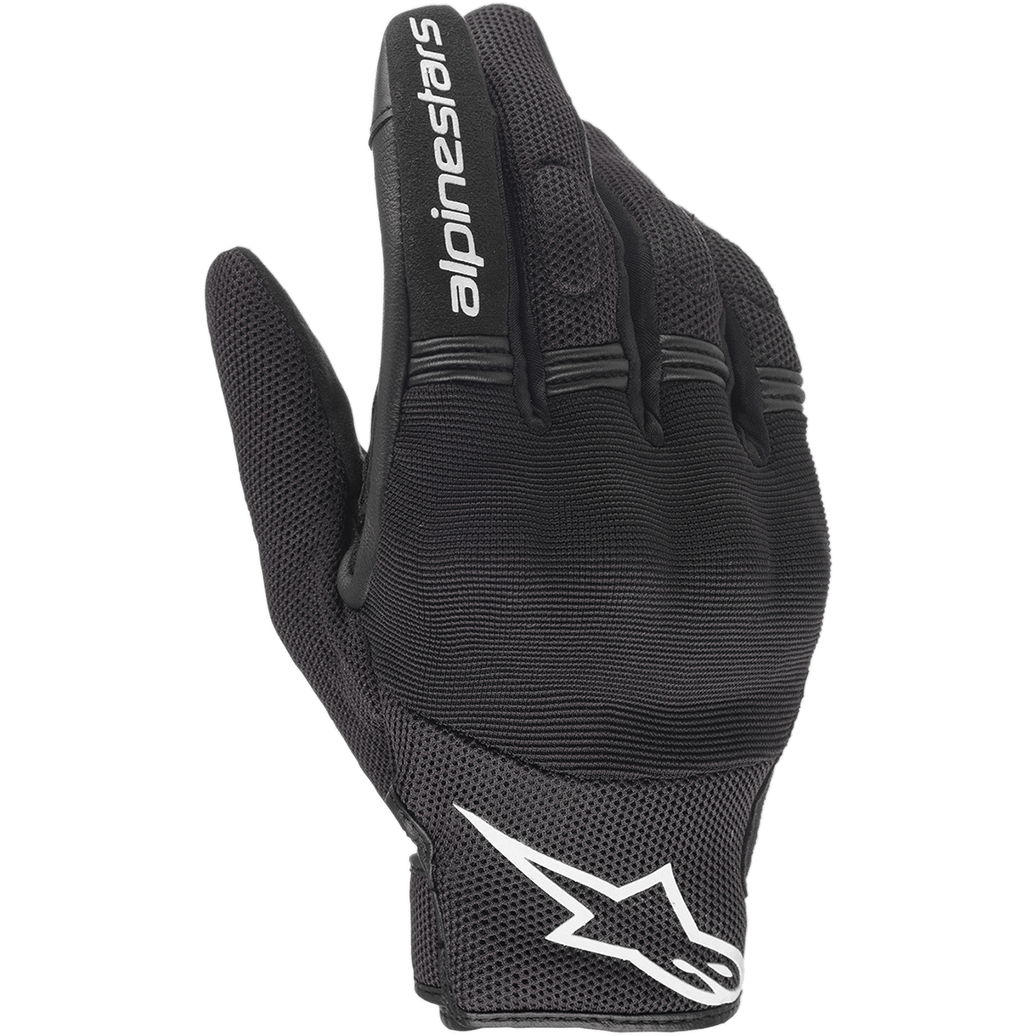 Guanti Alpinestars Copper, guanti da moto urban, nero e bianco, vista del dorso che mostra la costruzione in mesh e tessuto, logo Alpinestars bianco sul polso e scritta sull'indice, con pannelli a fisarmonica elasticizzati e protezione integrata per le nocche.