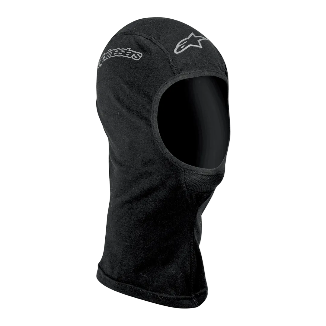 Alpinestars Passamontagna a viso aperto, intimo tecnico da moto unisex, nero con loghi argento, in tessuto tecnico traspirante, design ergonomico con cuciture flatlock e collo esteso per protezione dal vento e copertura ottimale
