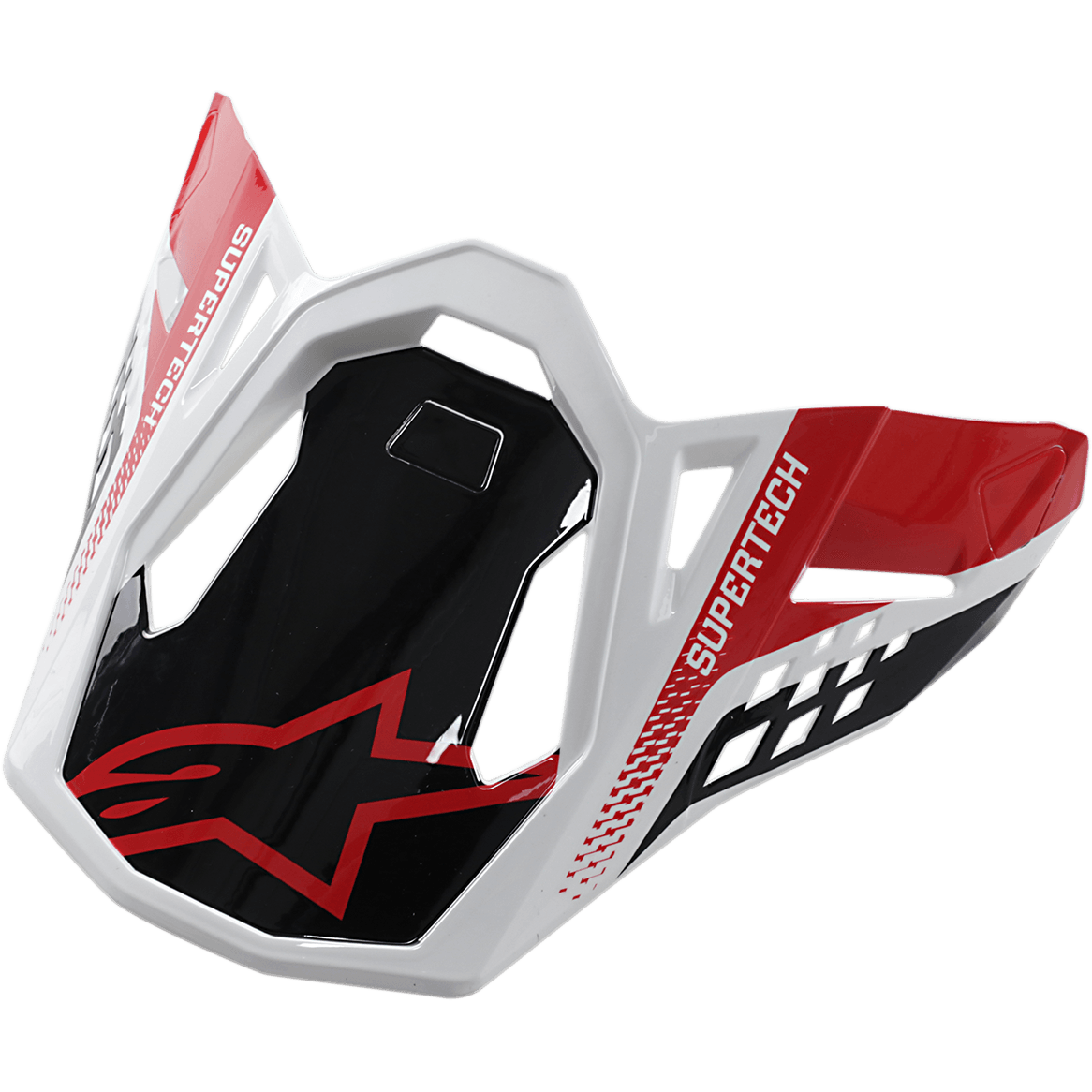 Alpinestars S-M8 Helmet Visor Triple, accessorio per casco da motocross, nero, rosso e bianco, con marchio SUPERTECH e logo Alpinestars rosso, design geometrico angolare con finitura lucida, visiera di ricambio per casco off-road Supertech M8