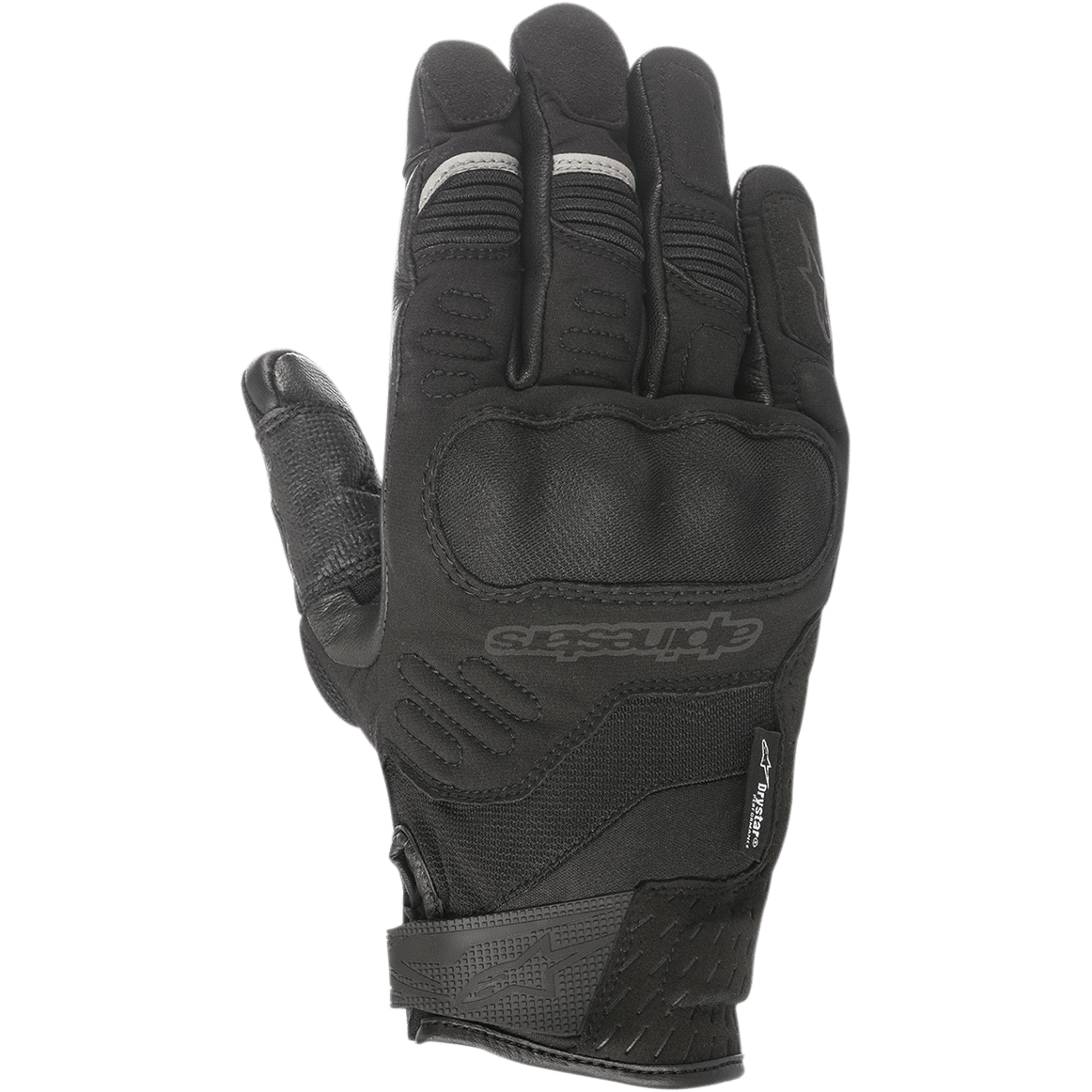 Guanti Alpinestars C-30 Drystar®, guanti da moto neri con protezione rigida per le nocche sovrastampata, costruzione in tessuto elasticizzato e softshell, cinturino in velcro sul polso e discreti accenti riflettenti grigi sulle dita.