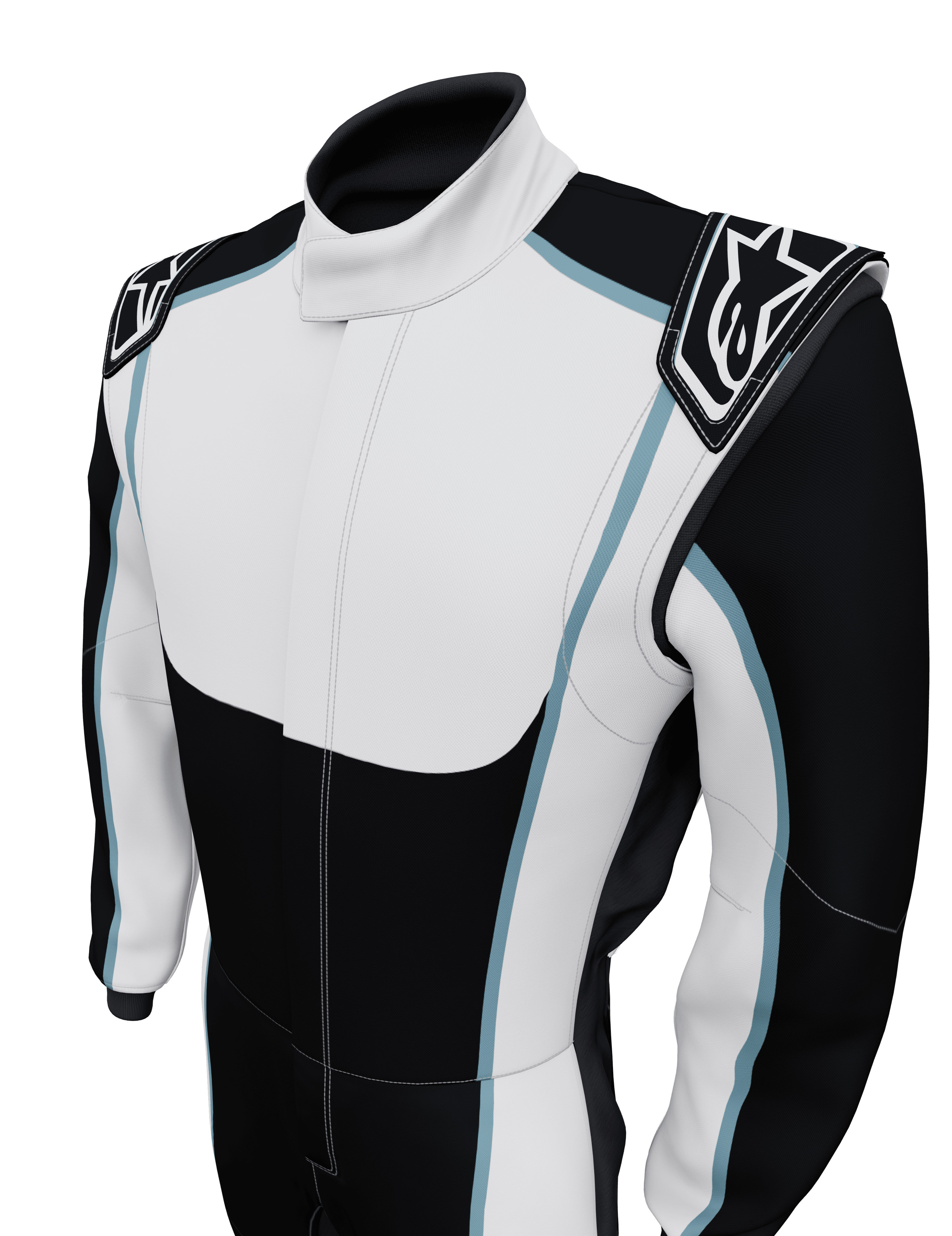 Alpinestars Tuta Tech Vision V3 Custom Su Misura, tuta da gara bianca e nera con finiture azzurre, certificata FIA