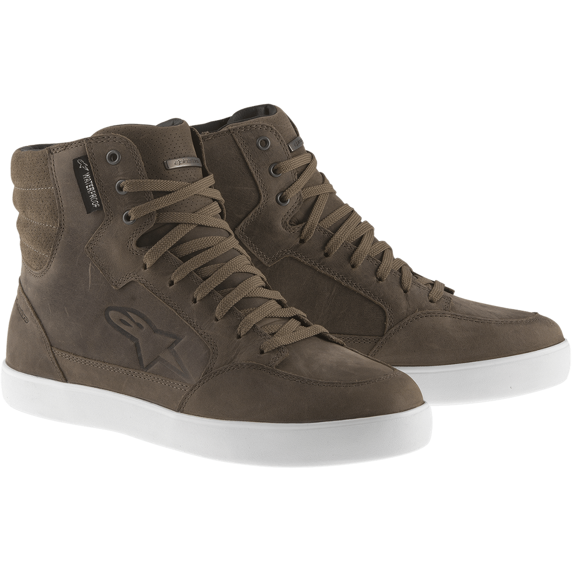 Alpinestars J-6 Waterproof Shoe, sneaker alte marroni, suole in gomma bianca, calzatura da moto urbana casual, con tomaia in pelle marrone, colletto imbottito sulla caviglia e occhielli in metallo