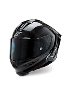 Casco Alpinestars Supertech R10 Solid, casco da corsa per moto, nero carbonio opaco e lucido, con trama in fibra di carbonio a vista, visiera scura, loghi Astars bianchi, design aerodinamico e profilato