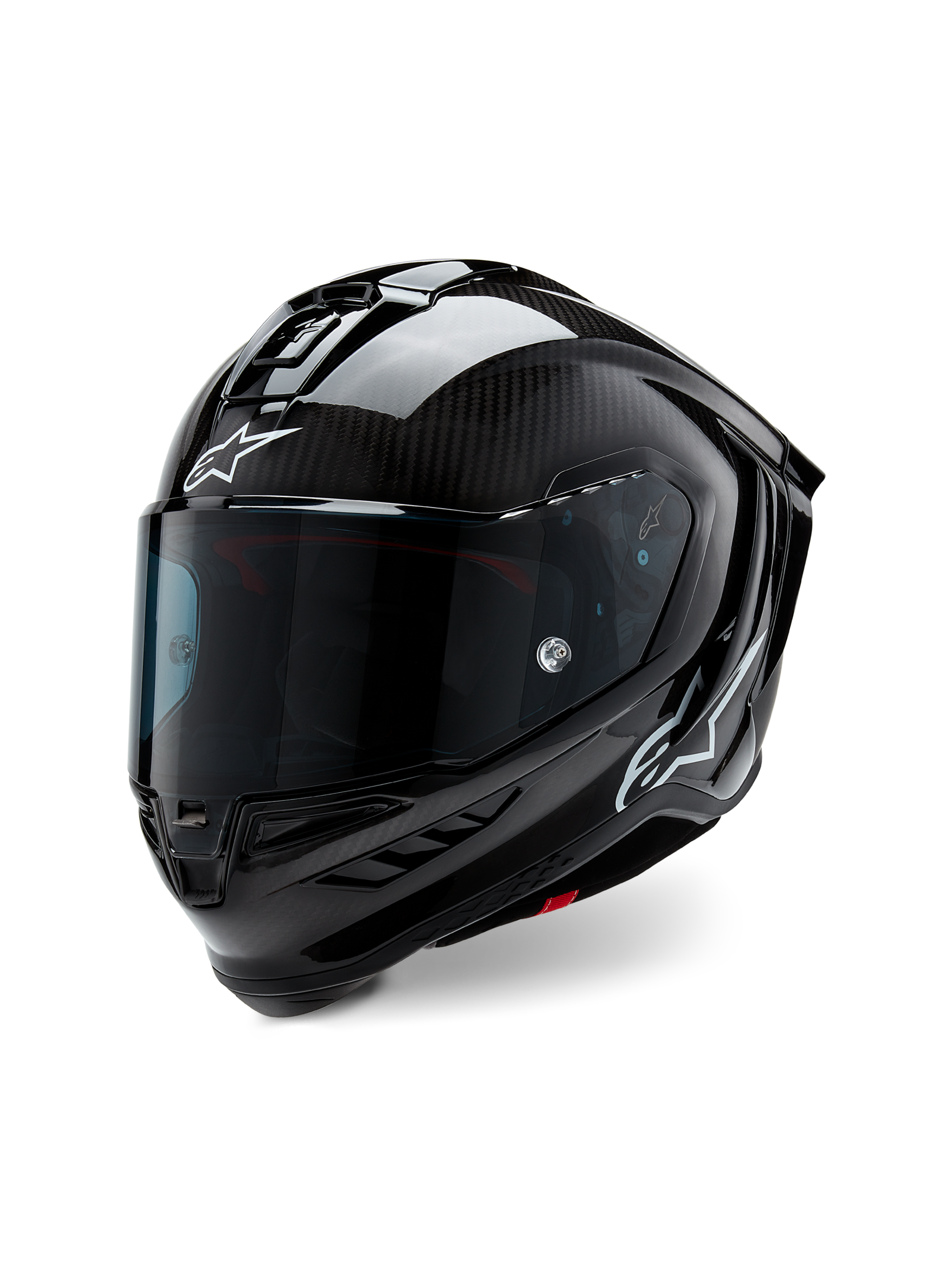Casco Alpinestars Supertech R10 Solid, casco da corsa per moto, nero carbonio opaco e lucido, con trama in fibra di carbonio a vista, visiera scura, loghi Astars bianchi, design aerodinamico e profilato