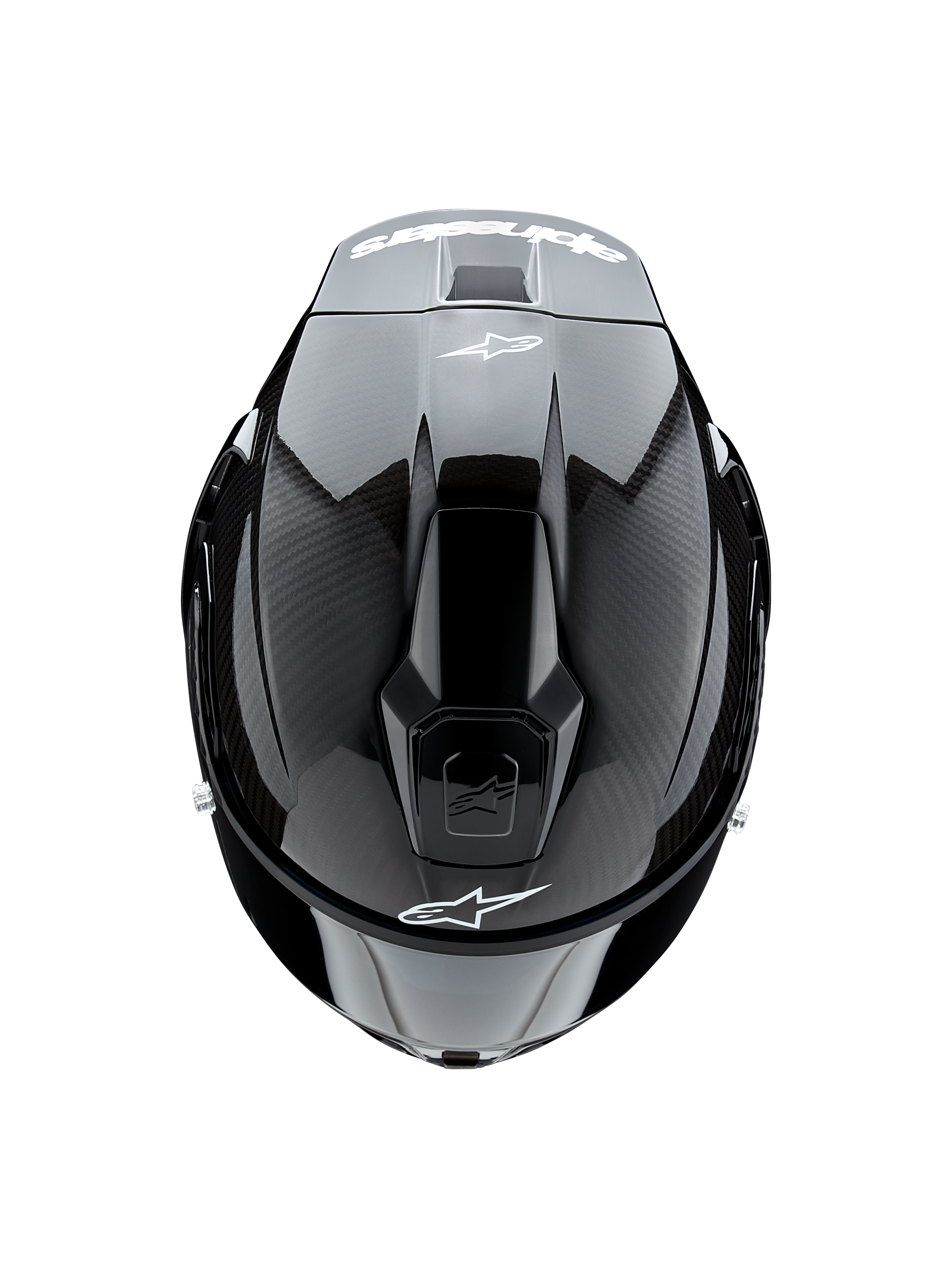 Casco Alpinestars Supertech R10 Solid, vista dall'alto, carbonio nero opaco e lucido, trama in fibra di carbonio sui lati, sezione centrale lucida, prese d'aria aerodinamiche, logo Alpinestars bianco anteriore e posteriore