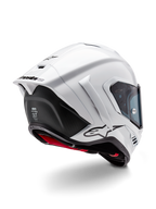 Casco Alpinestars Supertech R10 Solid, casco integrale racing da moto, Bianco Lucido e Nero Opaco, vista posteriore a tre quarti con spoiler aerodinamico, alette laterali e loghi neri