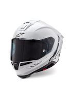 Alpinestars Supertech R10 Solid Helmet, casco integrale da corsa, bianco lucido con accenti neri, con visiera scura, design aerodinamico della calotta e logo Alpinestars sulla parte anteriore e laterale