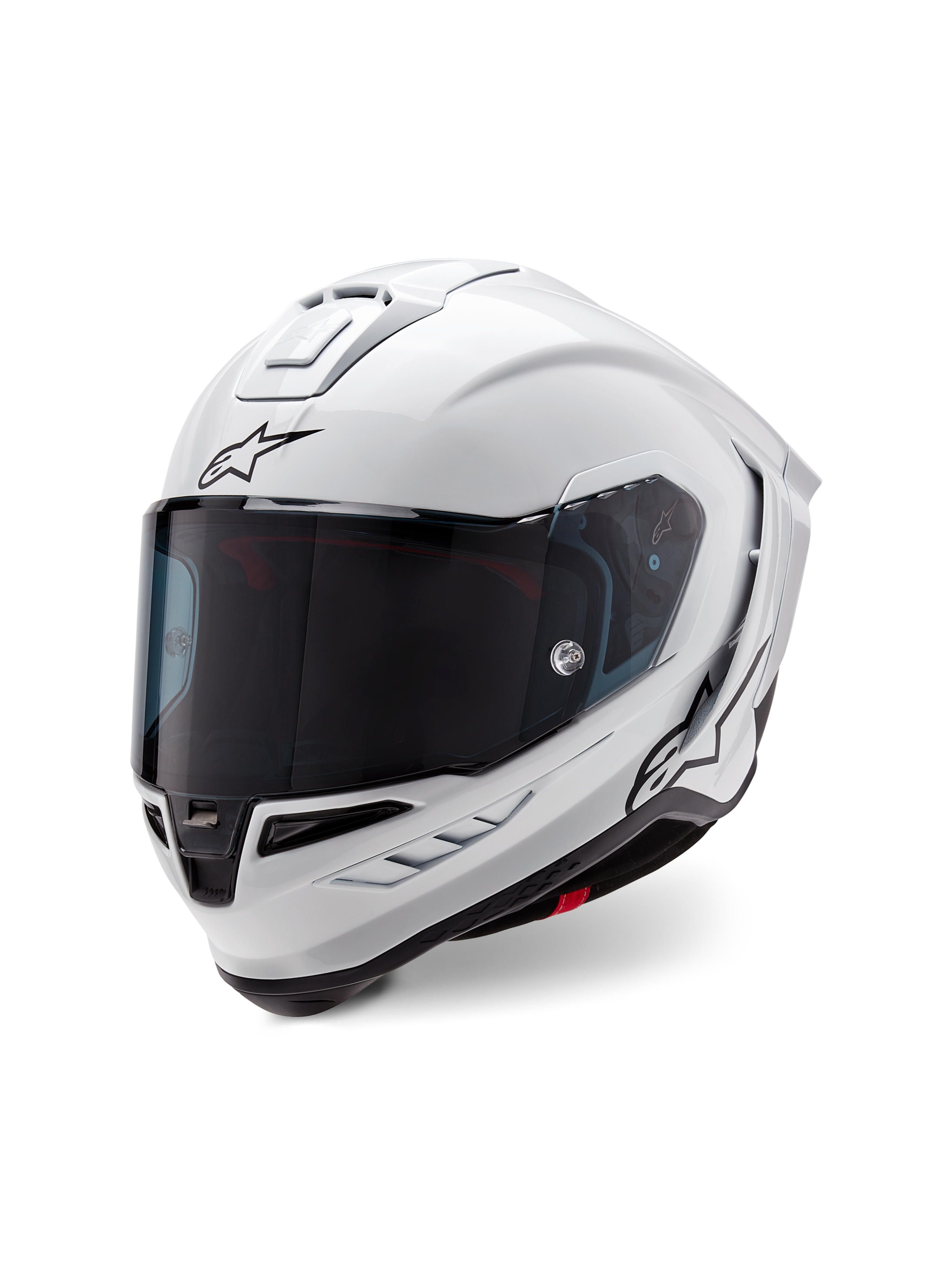 Alpinestars Supertech R10 Solid Helmet, casco integrale da corsa, bianco lucido con accenti neri, con visiera scura, design aerodinamico della calotta e logo Alpinestars sulla parte anteriore e laterale