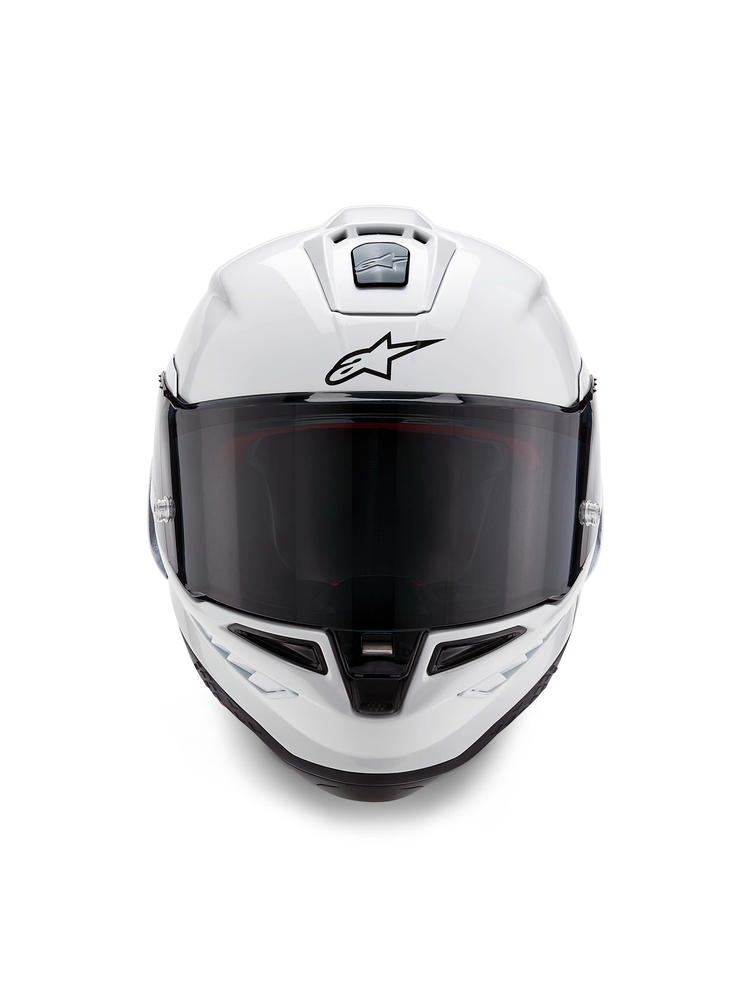 Casco Alpinestars Supertech R10 Solid, casco integrale da corsa, bianco lucido con dettagli neri, vista frontale con visiera scura fumé, sistema di ventilazione aerodinamico e logo Astars nero