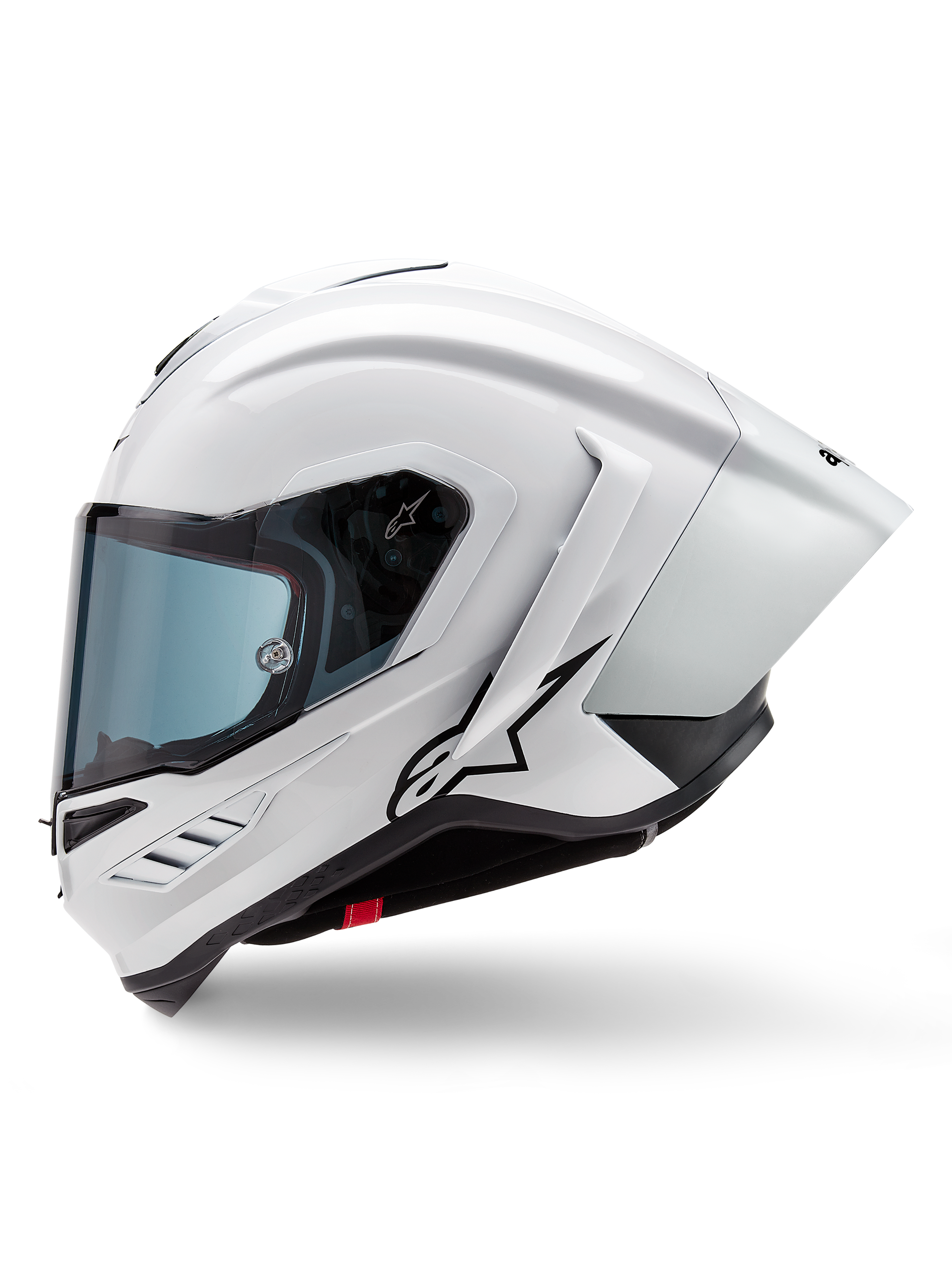 Casco Alpinestars Supertech R10 Solid, casco integrale da corsa, bianco lucido e nero opaco, vista laterale con spoiler aerodinamico integrato e visiera oscurata, con logo a stella Alpinestars nero