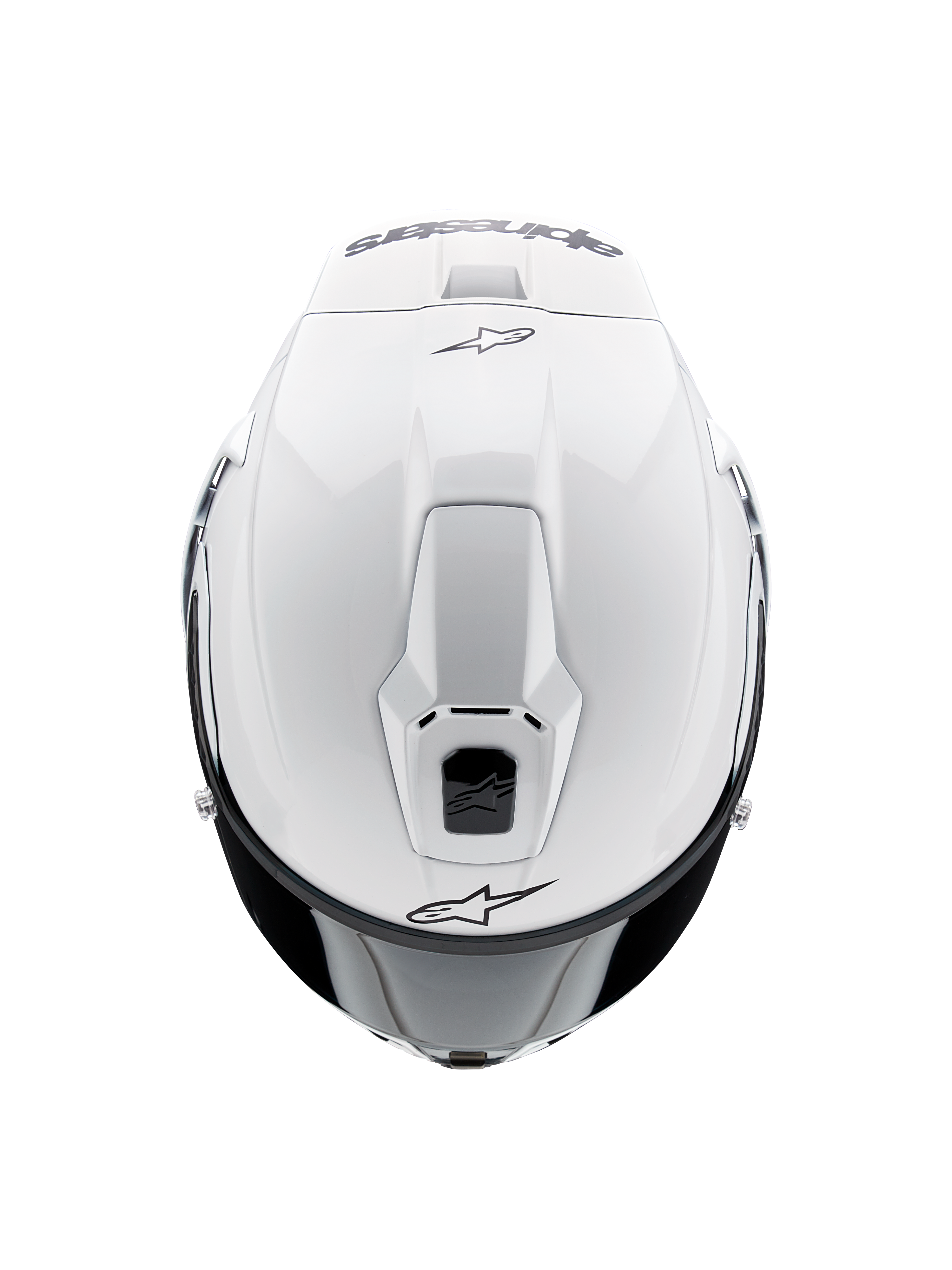 Casco Alpinestars Supertech R10 Solid, casco da moto integrale, bianco lucido, vista dall'alto che mette in evidenza le prese d'aria aerodinamiche e i loghi Alpinestars neri, profilo aerodinamico ispirato alle corse.