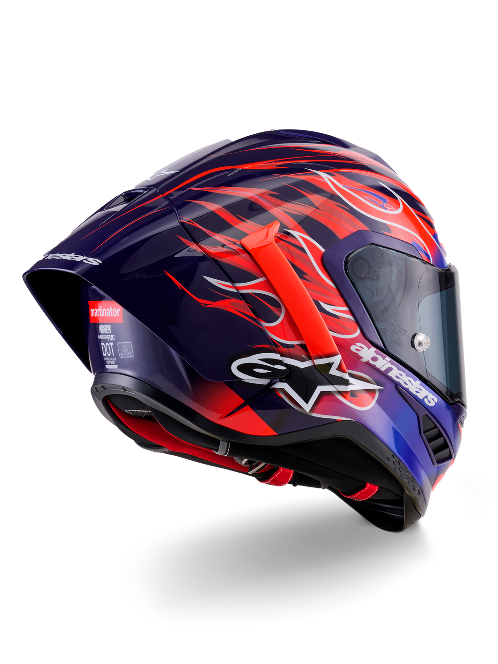 Casco Alpinestars Supertech R10 Limited Edition Flyte, casco integrale racing, viola scuro e blu lucido con grafiche a fiamme arancioni e rosse, logo Alpinestars bianco e spoiler posteriore aerodinamico, protezione per la testa ad alte prestazioni per il motorsport