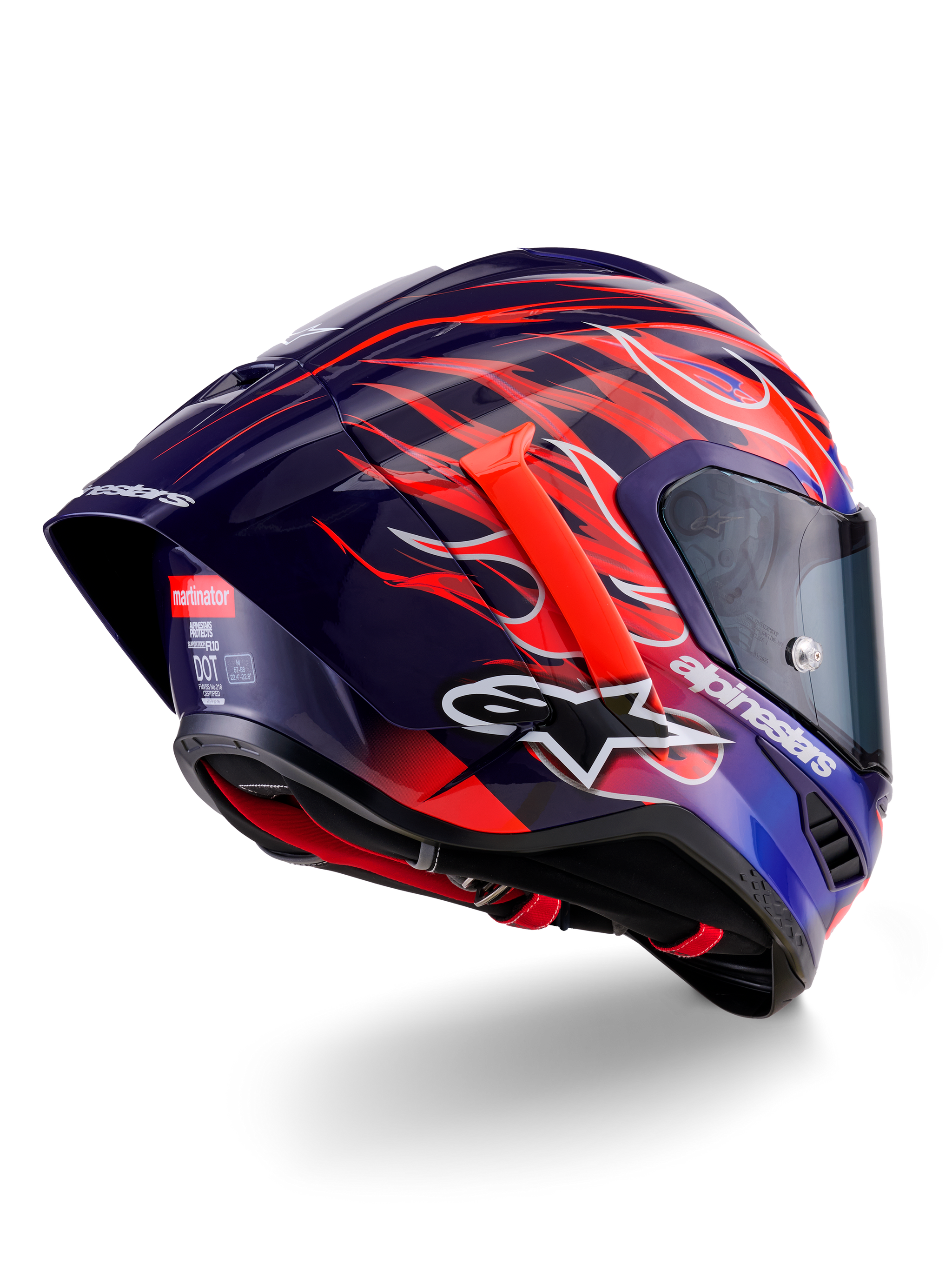 Casco Alpinestars Supertech R10 Limited Edition Flyte, casco integrale racing, viola scuro e blu lucido con grafiche a fiamme arancioni e rosse, logo Alpinestars bianco e spoiler posteriore aerodinamico, protezione per la testa ad alte prestazioni per il motorsport