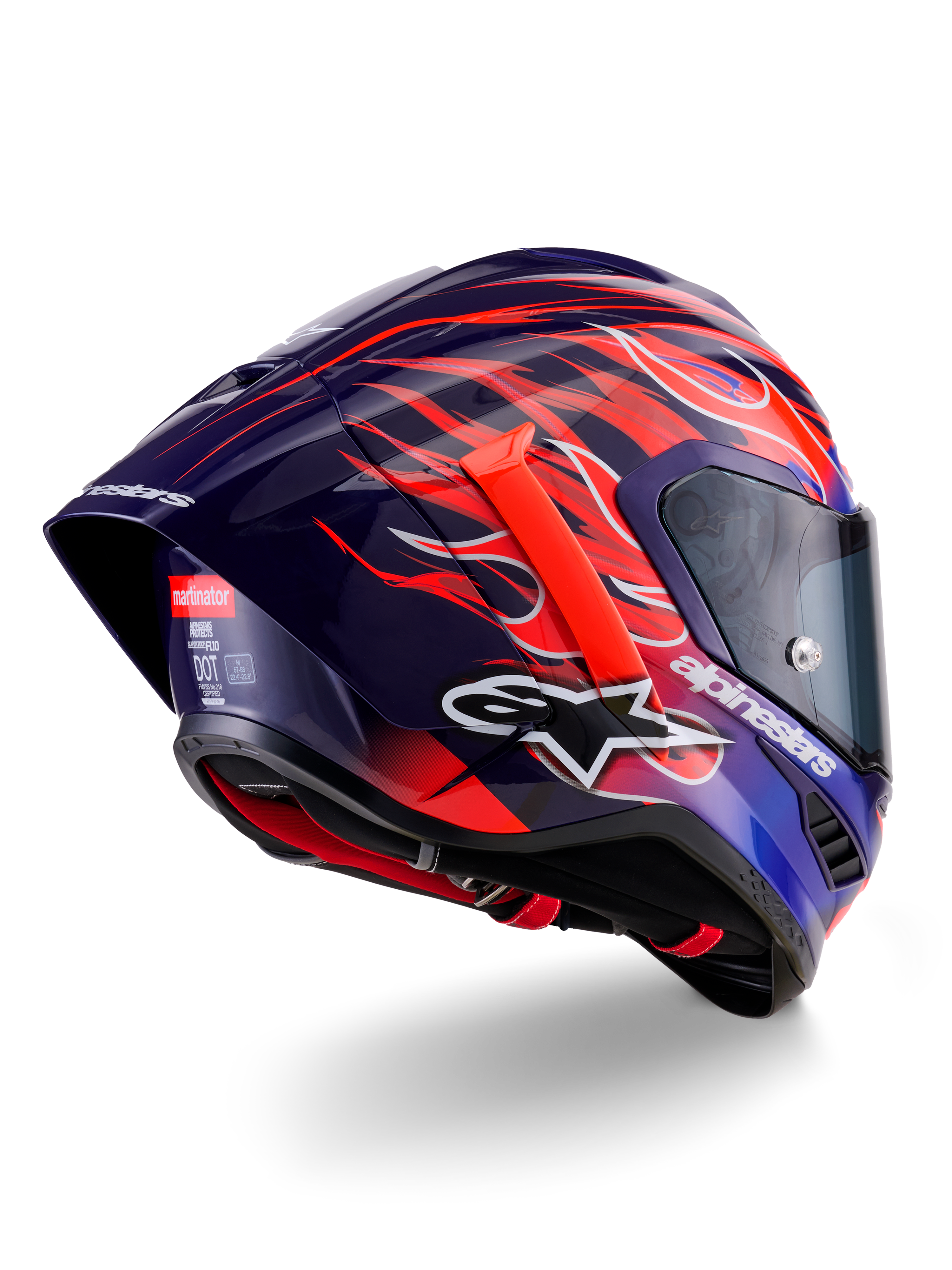Casco Alpinestars Supertech R10 Limited Edition Flyte, casco integrale racing, viola scuro e blu lucido con grafiche a fiamme arancioni e rosse, logo Alpinestars bianco e spoiler posteriore aerodinamico, protezione per la testa ad alte prestazioni per il motorsport